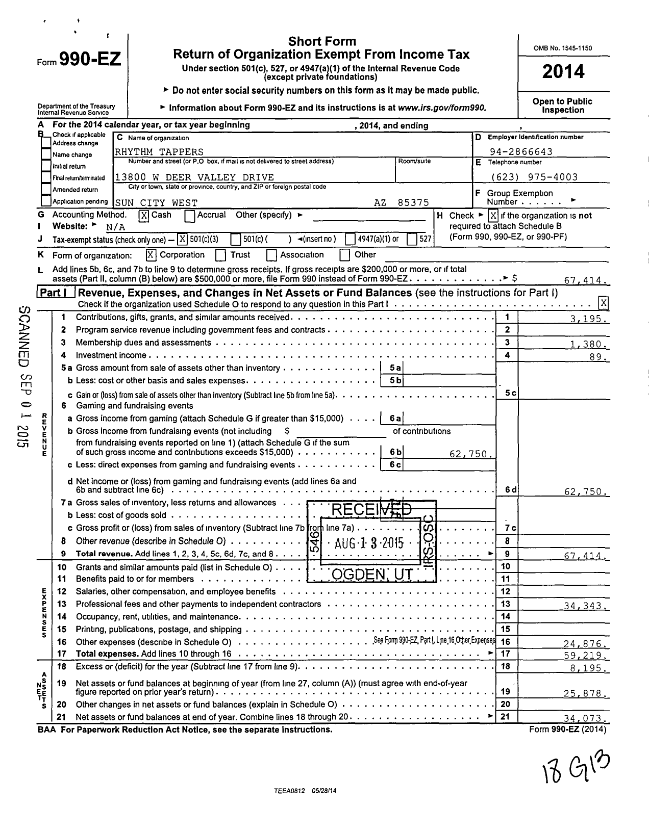 Image of first page of 2014 Form 990EZ for Dancesensations Club