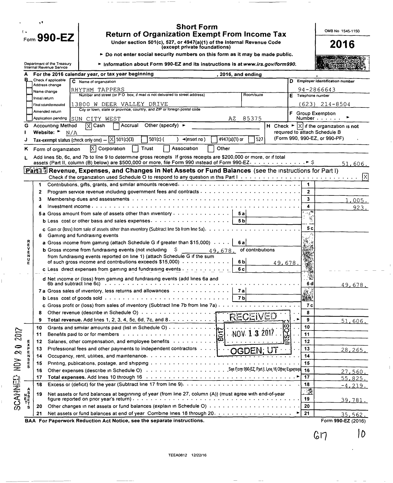 Image of first page of 2016 Form 990EZ for Dancesensations Club