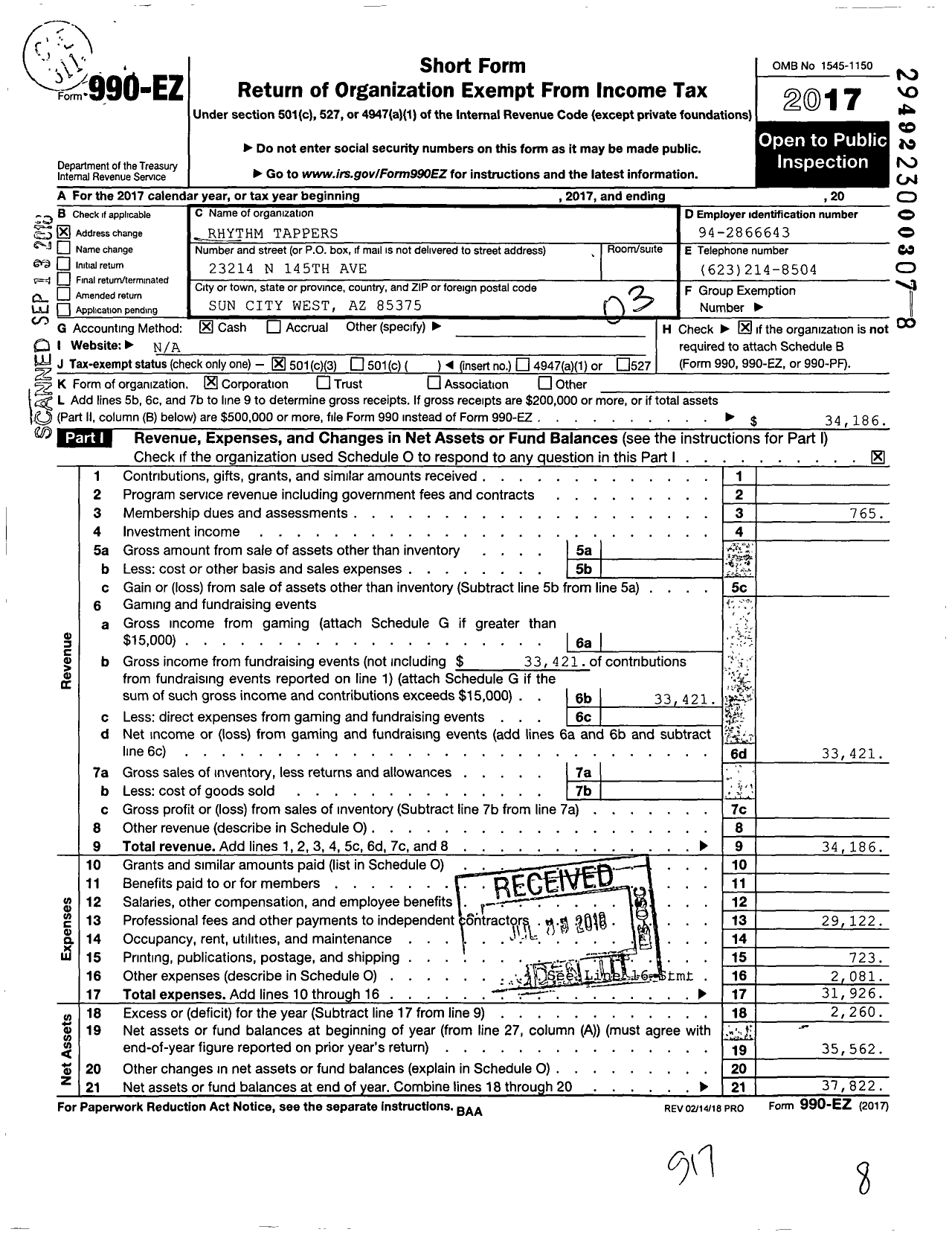 Image of first page of 2017 Form 990EZ for Dancesensations Club