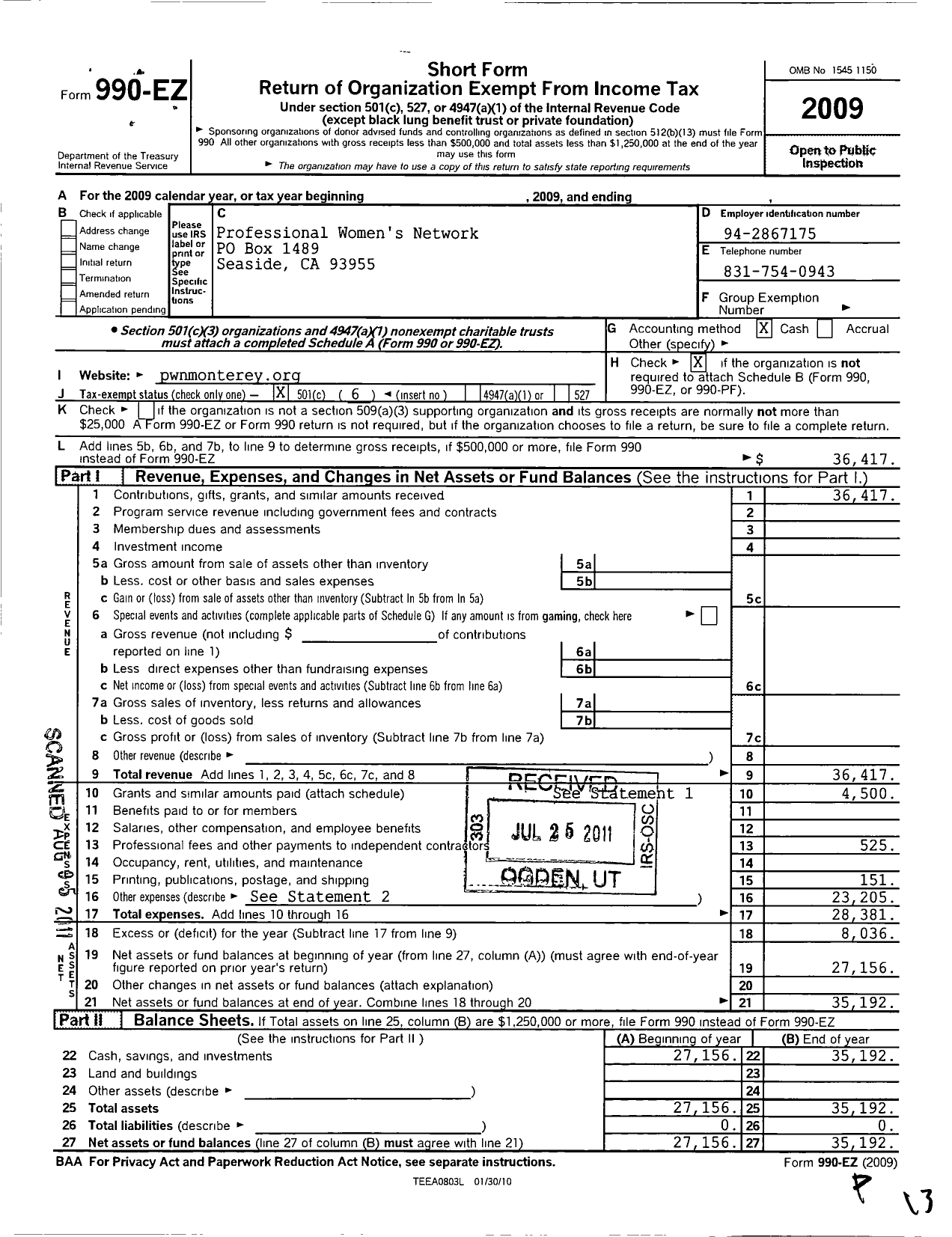 Image of first page of 2009 Form 990EO for Professional Womens Network of the Monterey Peninsula