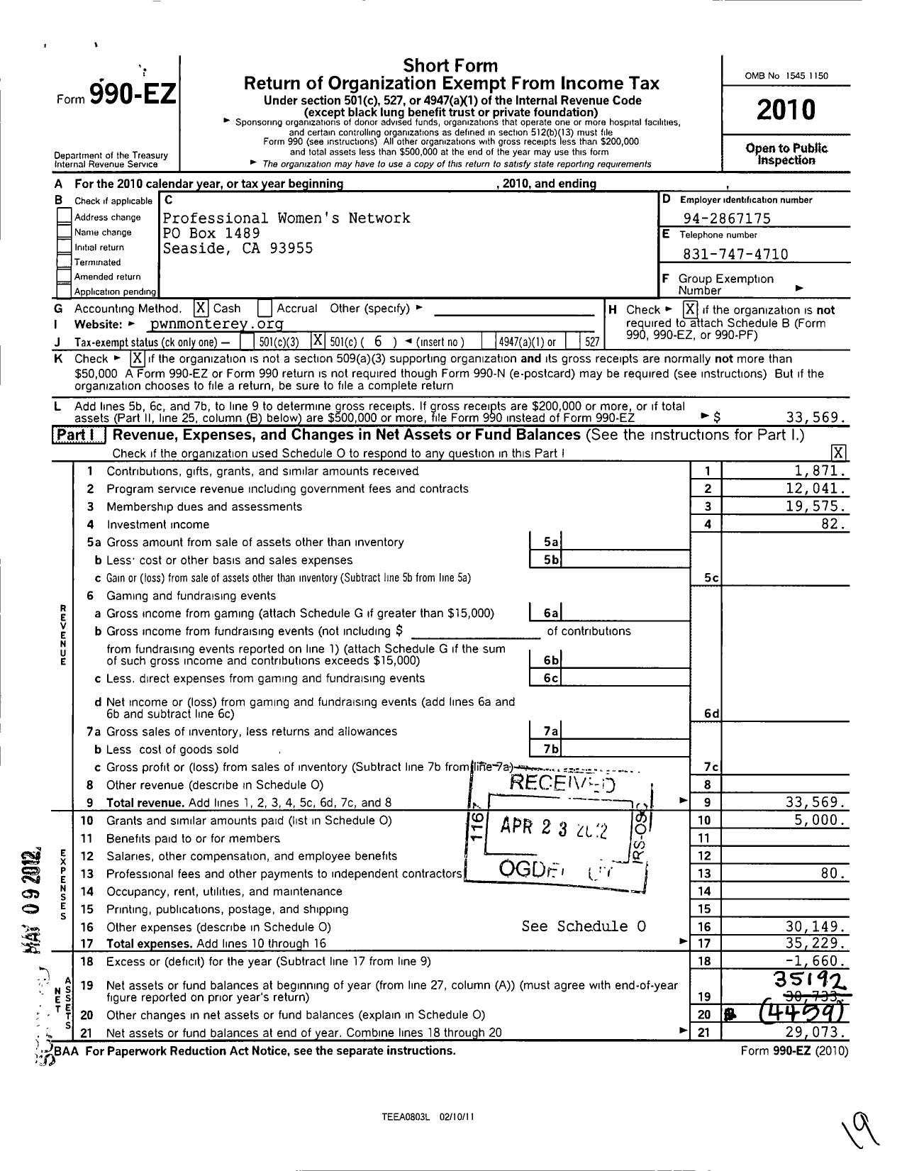 Image of first page of 2010 Form 990EO for Professional Womens Network of the Monterey Peninsula