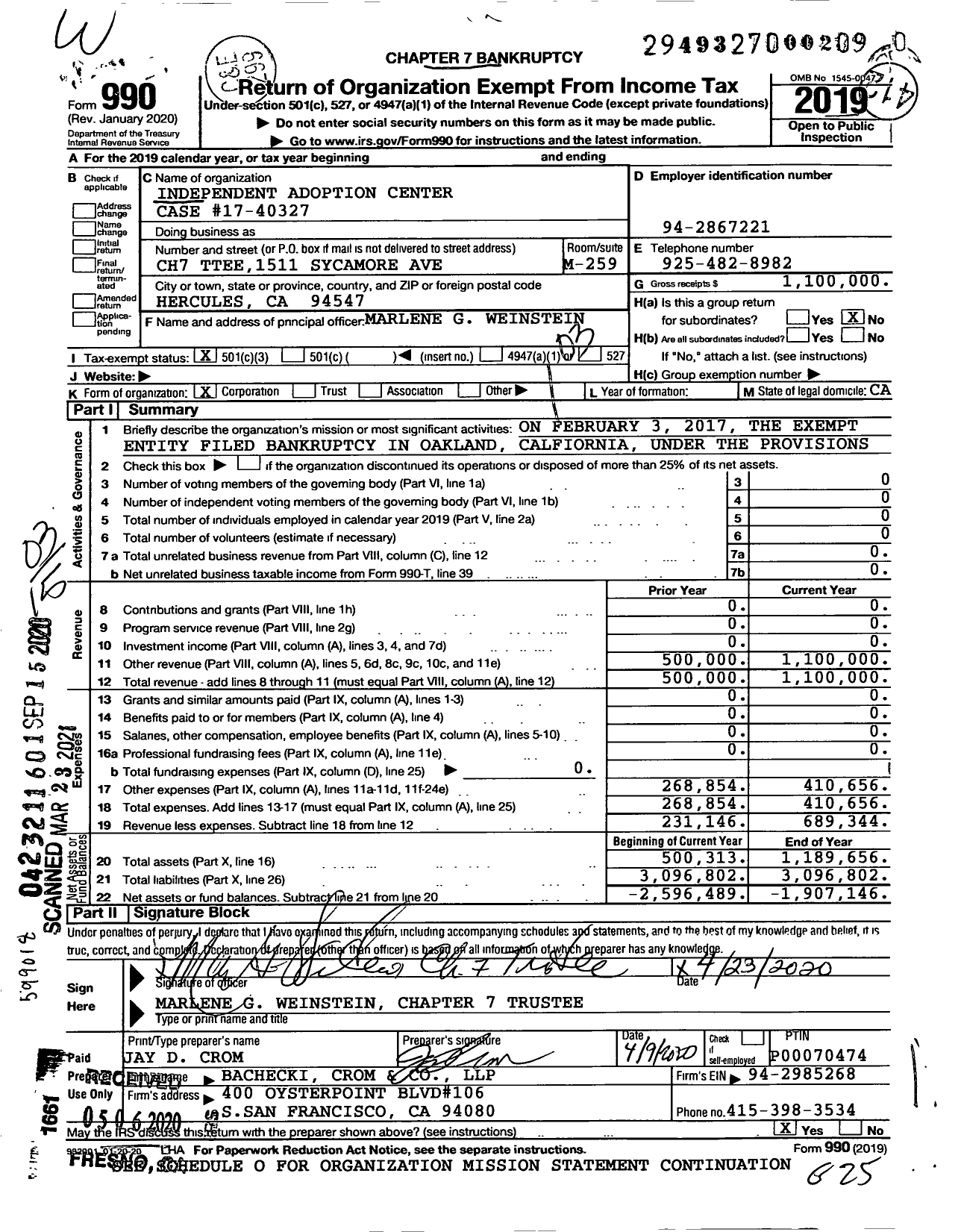 Image of first page of 2019 Form 990 for Independent Adoption Center Case #17-40327