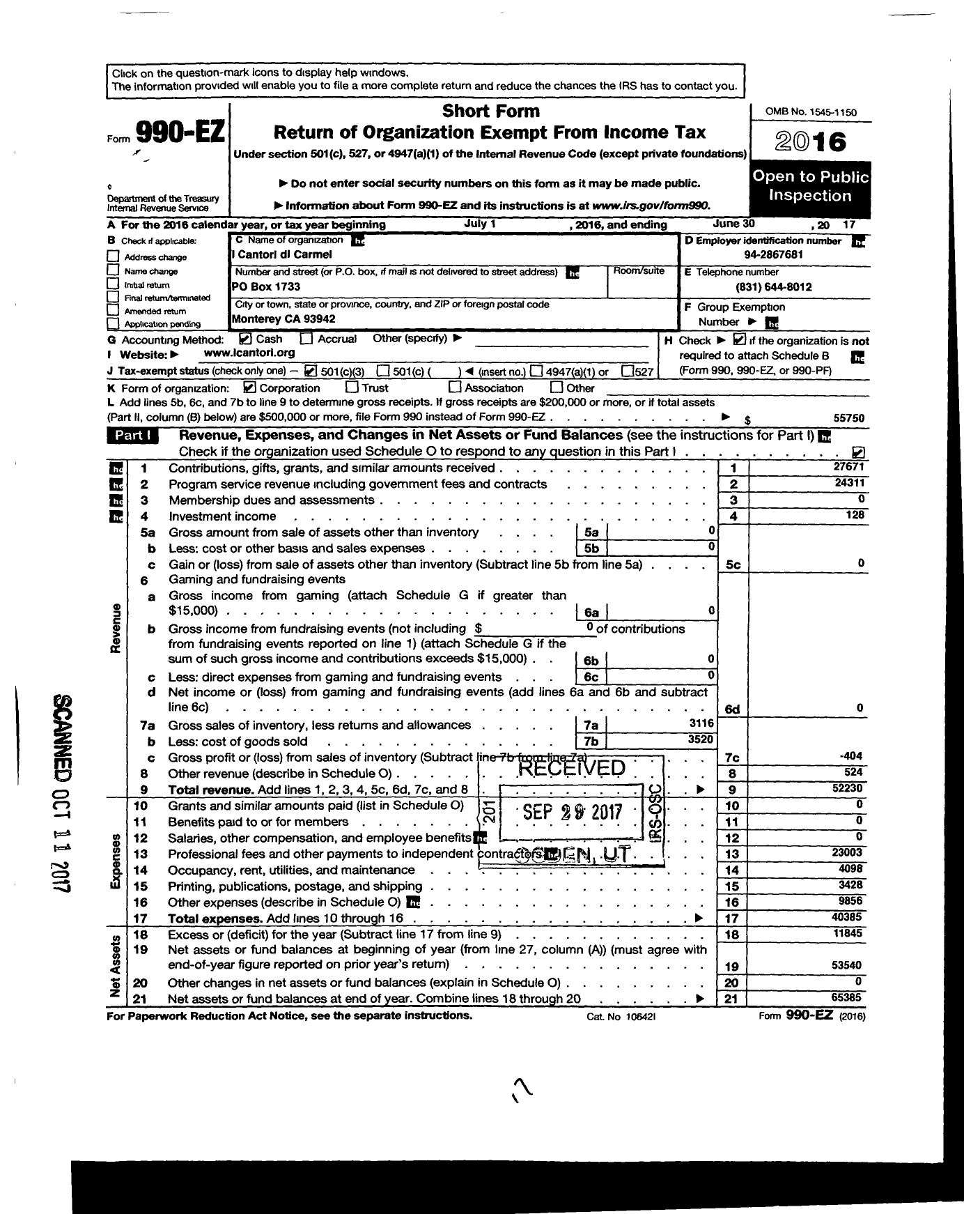 Image of first page of 2016 Form 990EZ for I Cantori Di Carmel