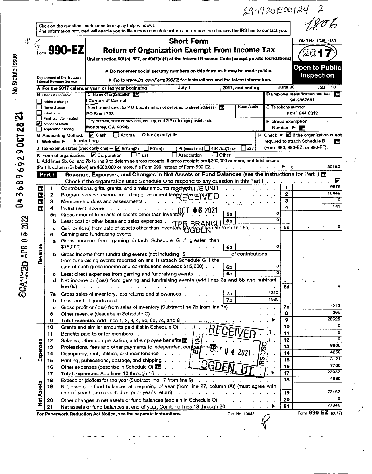 Image of first page of 2017 Form 990EZ for I Cantori Di Carmel