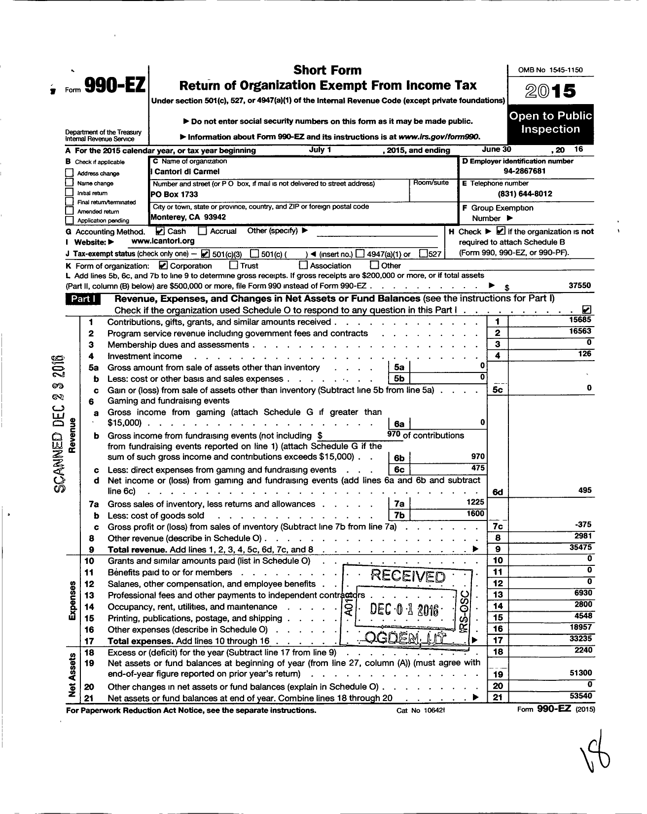 Image of first page of 2015 Form 990EZ for I Cantori Di Carmel