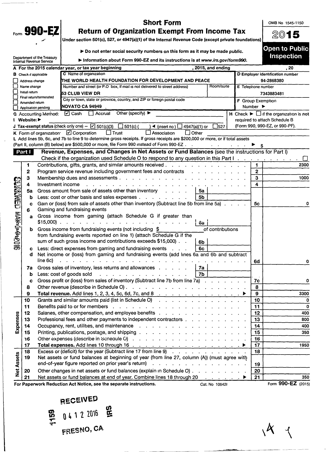 Image of first page of 2015 Form 990EZ for The World Health Foundation for Development and Peace