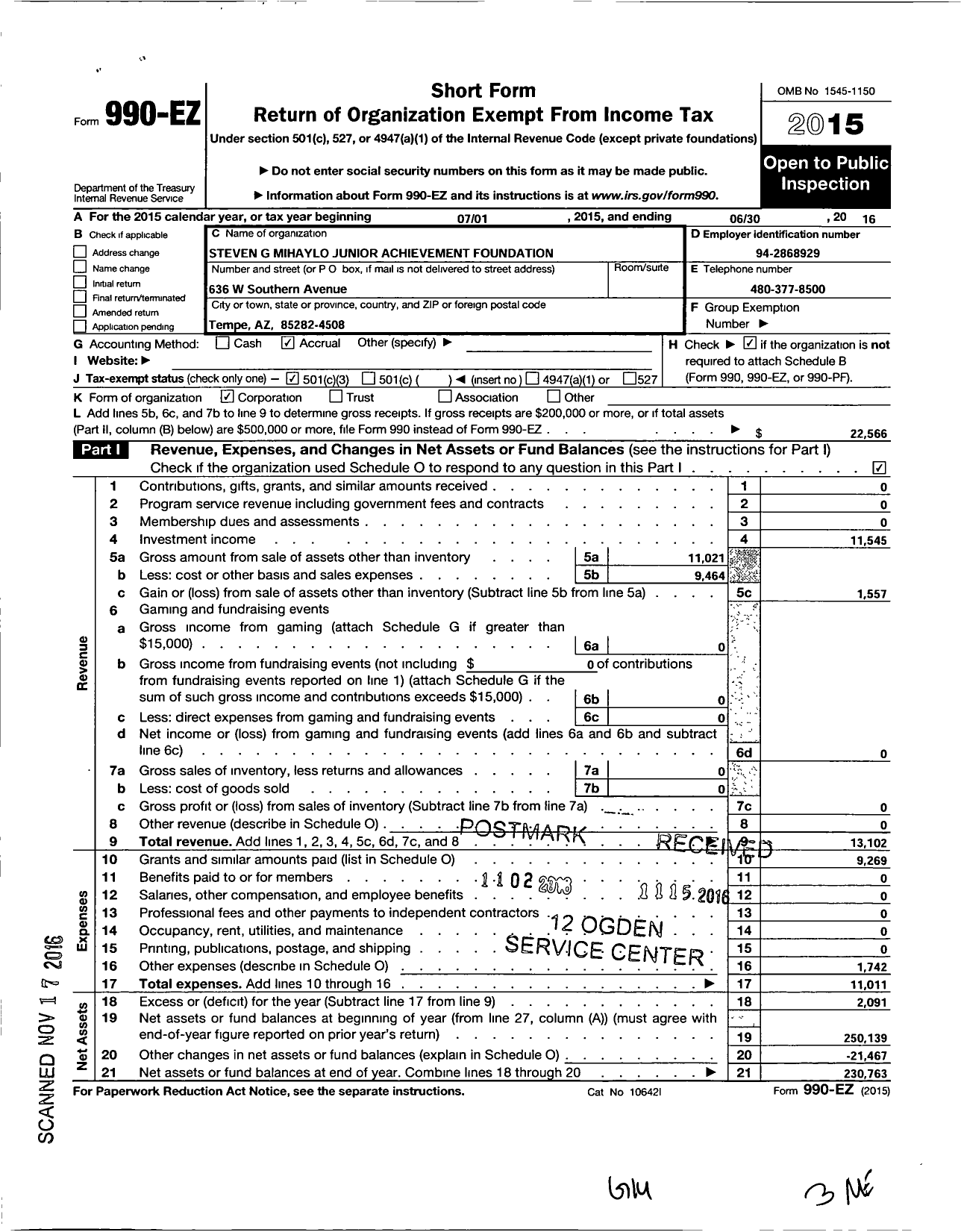 Image of first page of 2015 Form 990EZ for Steven G Mihaylo Junior Achievement Foundation