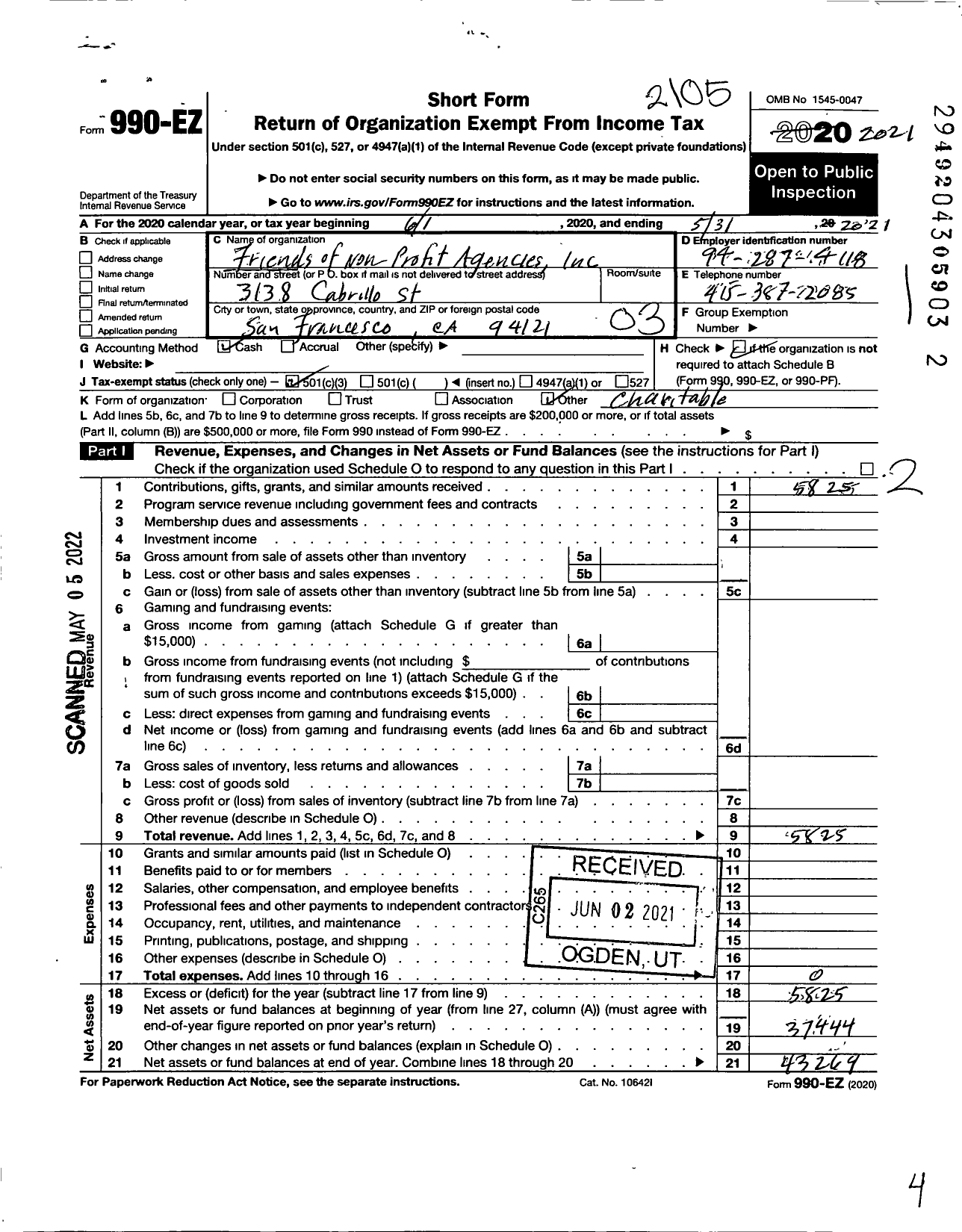 Image of first page of 2020 Form 990EZ for Friends of Non Profit Agencies