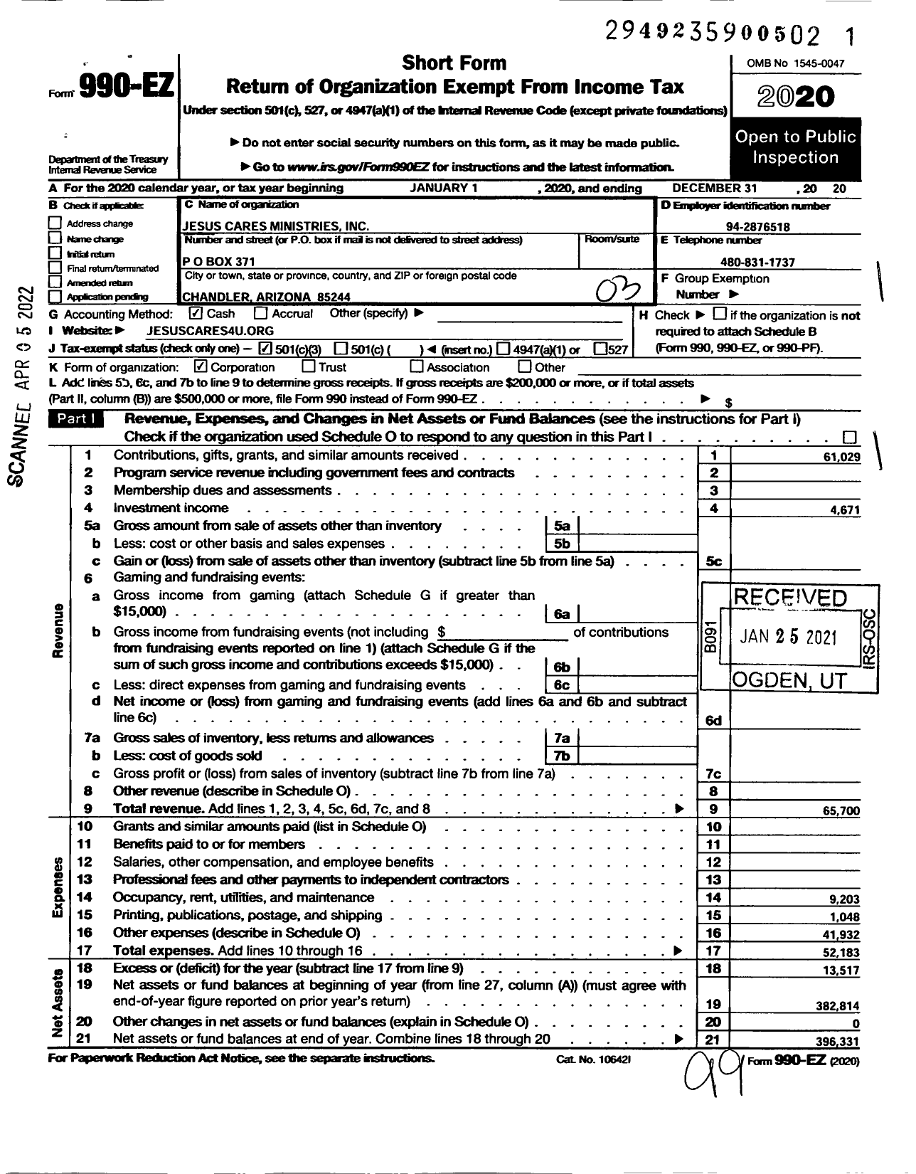 Image of first page of 2020 Form 990EZ for Jesus Cares Ministries