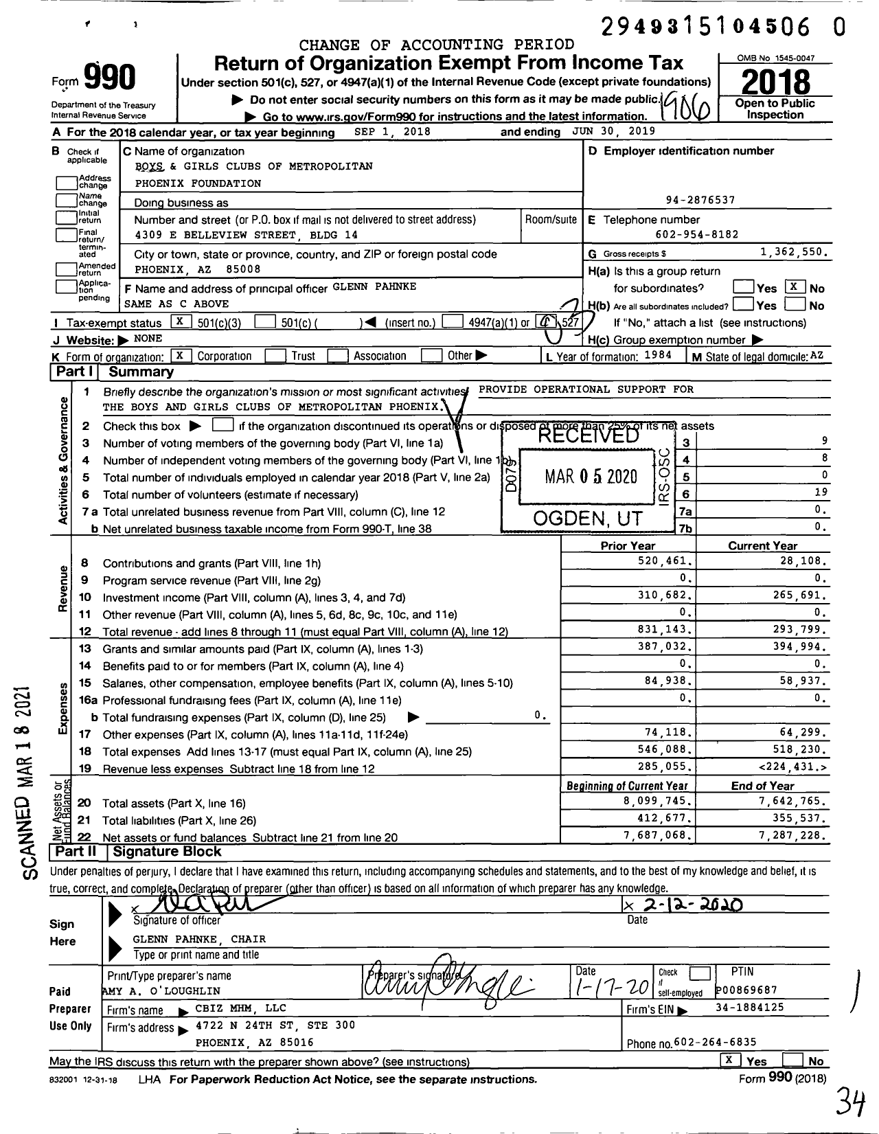 Image of first page of 2018 Form 990 for Boys and Girls Clubs of the Valley Foundation