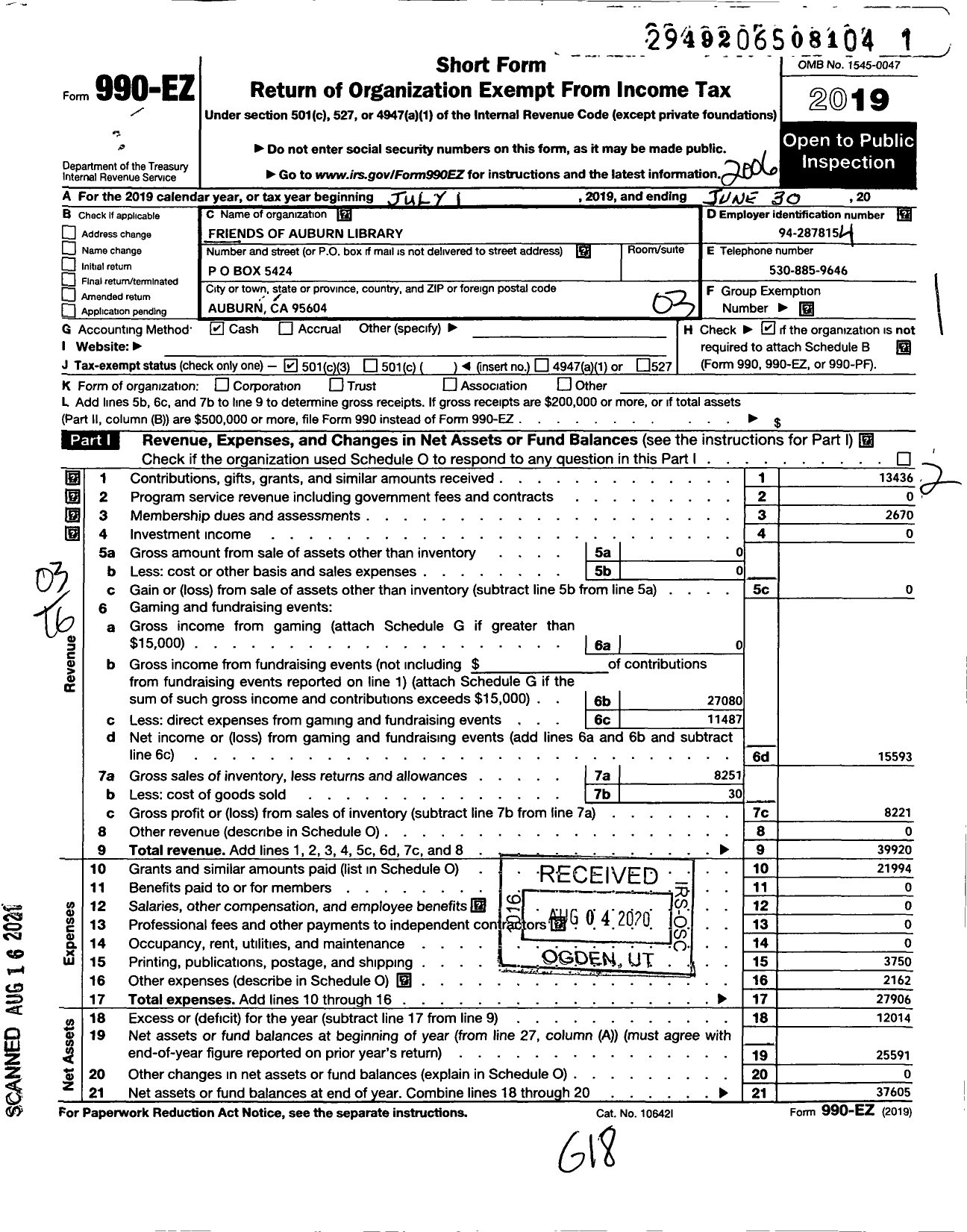 Image of first page of 2019 Form 990EZ for Friends of Auburn Library