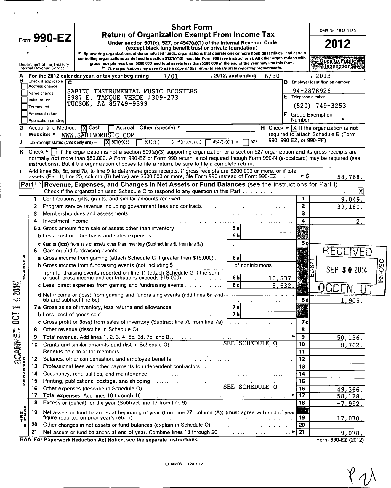 Image of first page of 2012 Form 990EZ for Sabino Instrumental Music Boosters