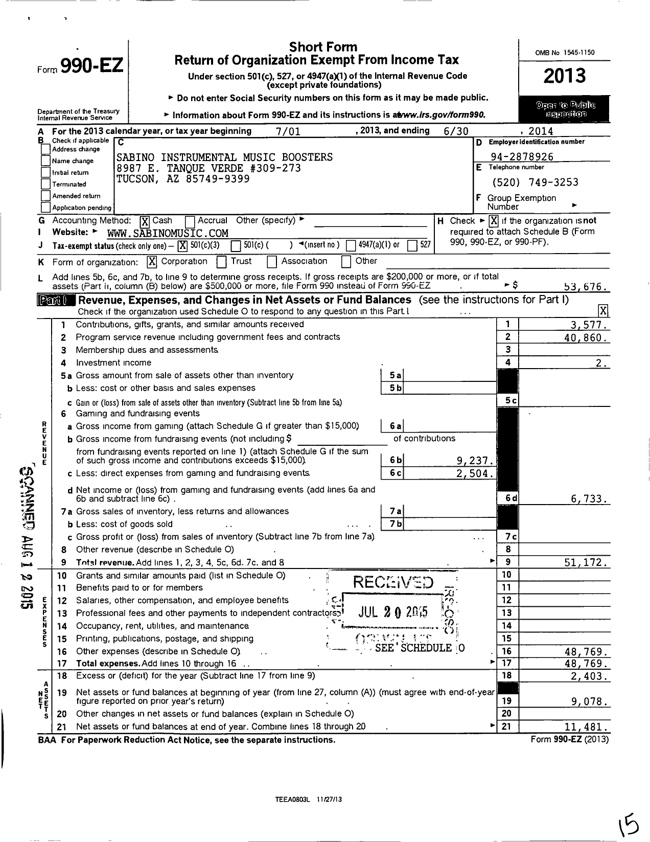 Image of first page of 2013 Form 990EZ for Sabino Instrumental Music Boosters