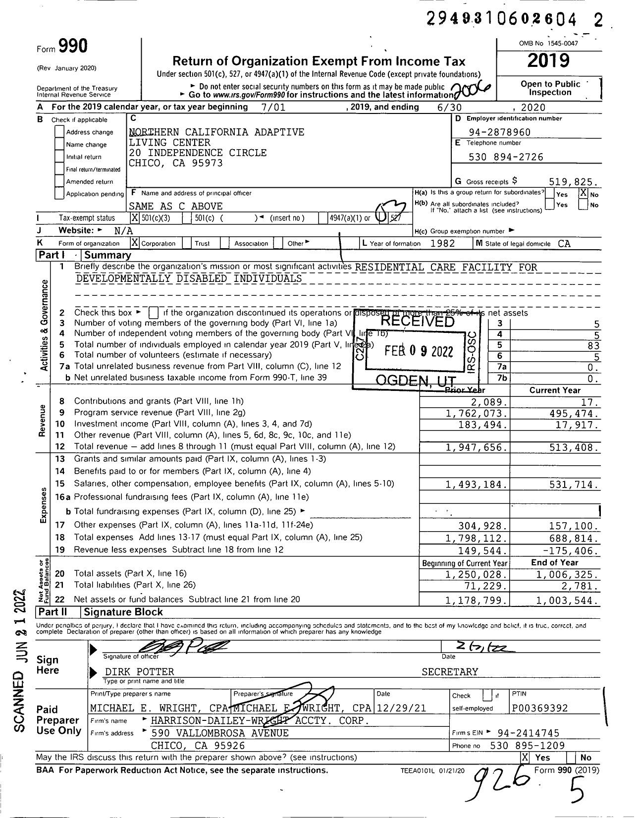 Image of first page of 2019 Form 990 for Northern California Adaptive Living Center (NCALC)