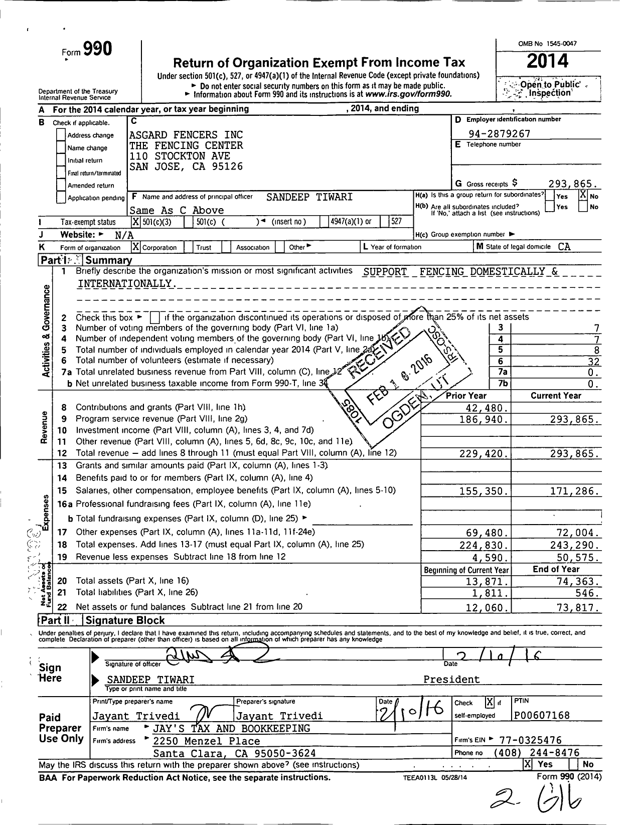 Image of first page of 2014 Form 990 for The Fencing Center