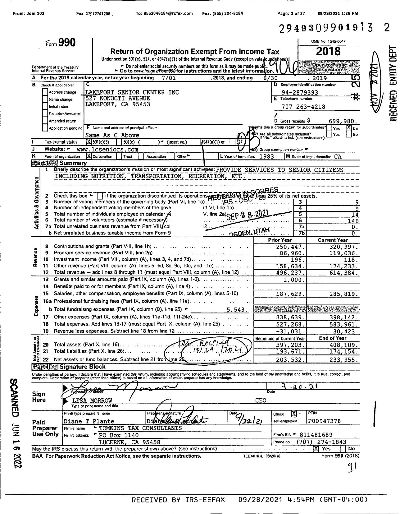 Image of first page of 2018 Form 990 for Lakeport Senior Center