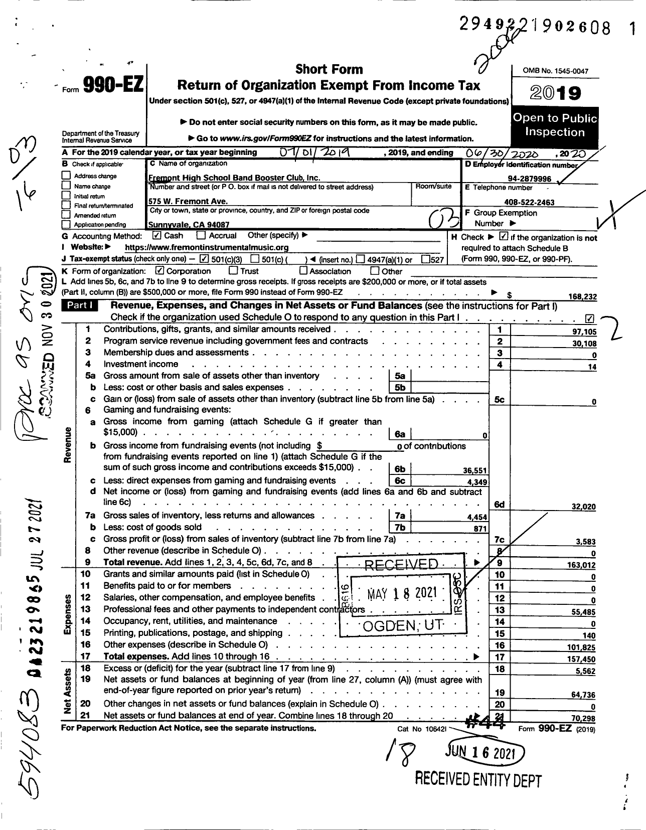 Image of first page of 2019 Form 990EZ for Fremont High School Band Booster Club