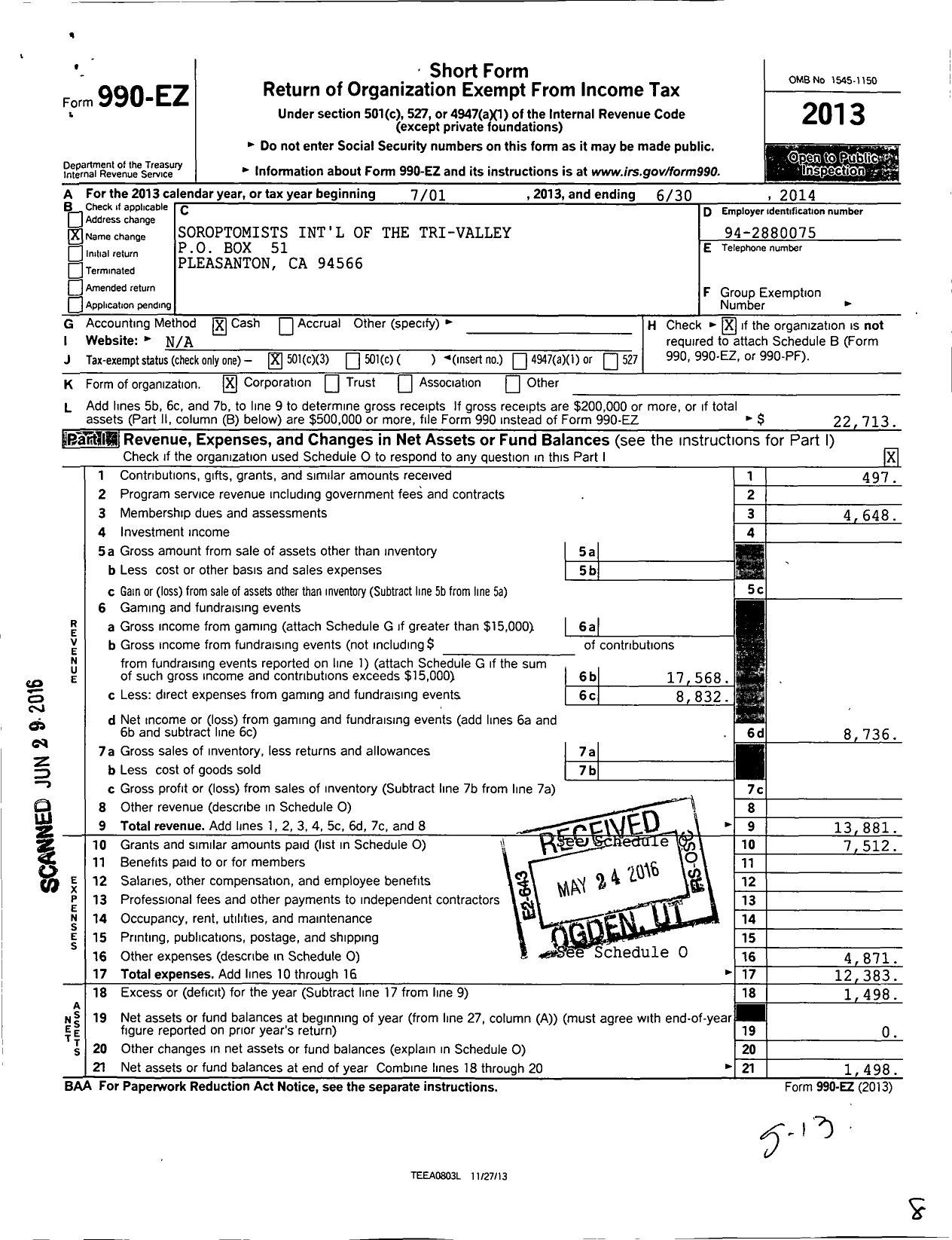 Image of first page of 2013 Form 990EZ for Soroptimist International of the Americas - 115135 the Tri-Valley Ca