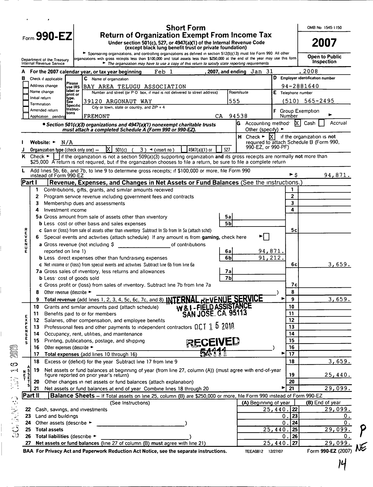 Image of first page of 2007 Form 990EZ for Bay Area Telugu Association