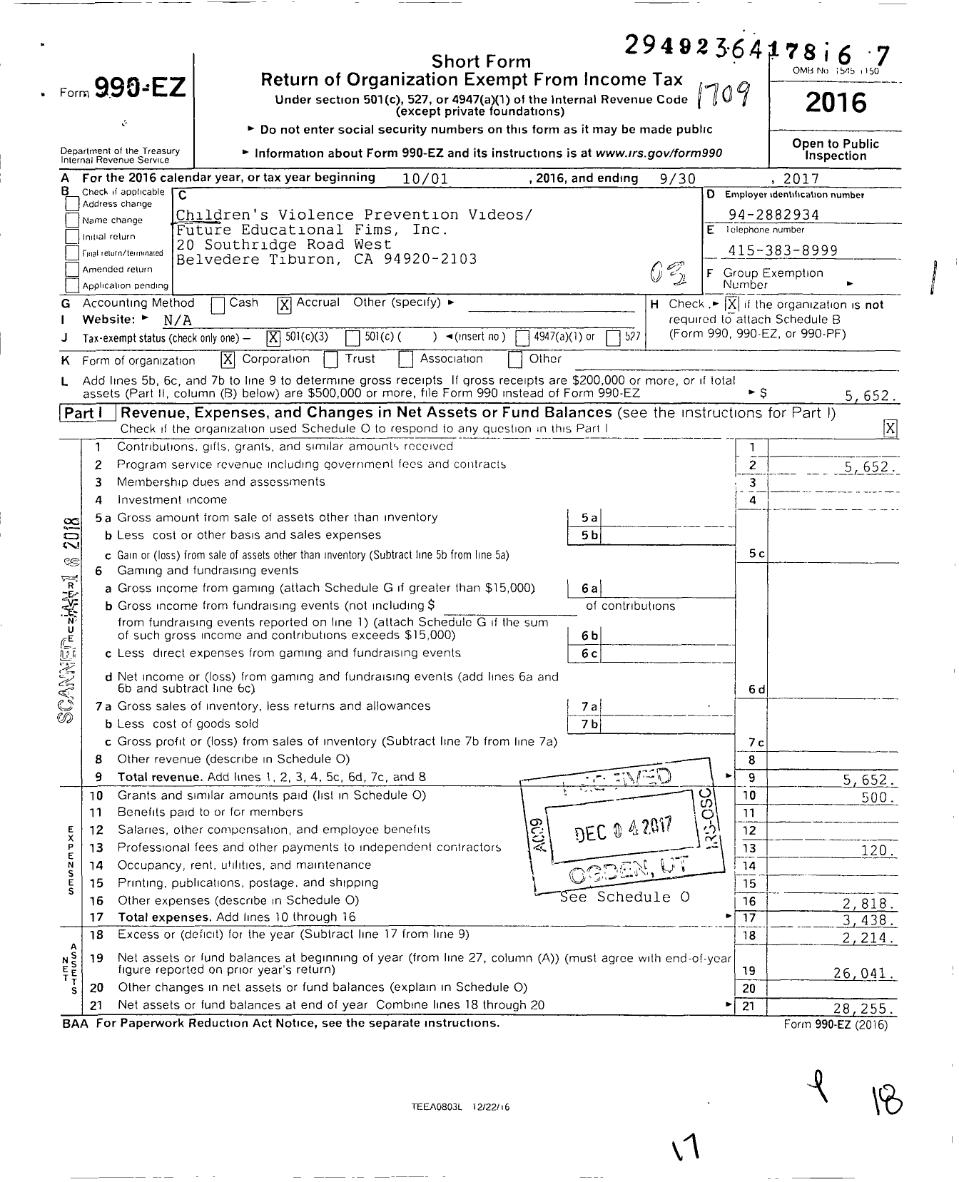 Image of first page of 2016 Form 990EZ for Future Educational Films