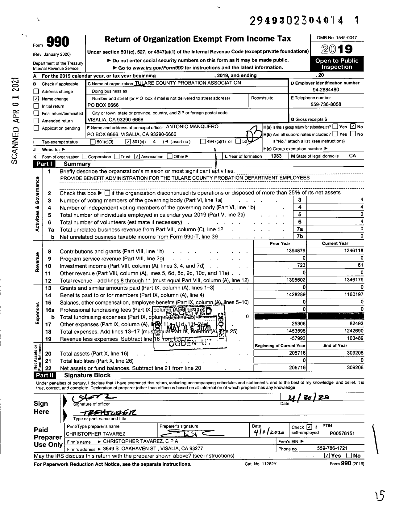Image of first page of 2019 Form 990 for Tulare County Probation Association