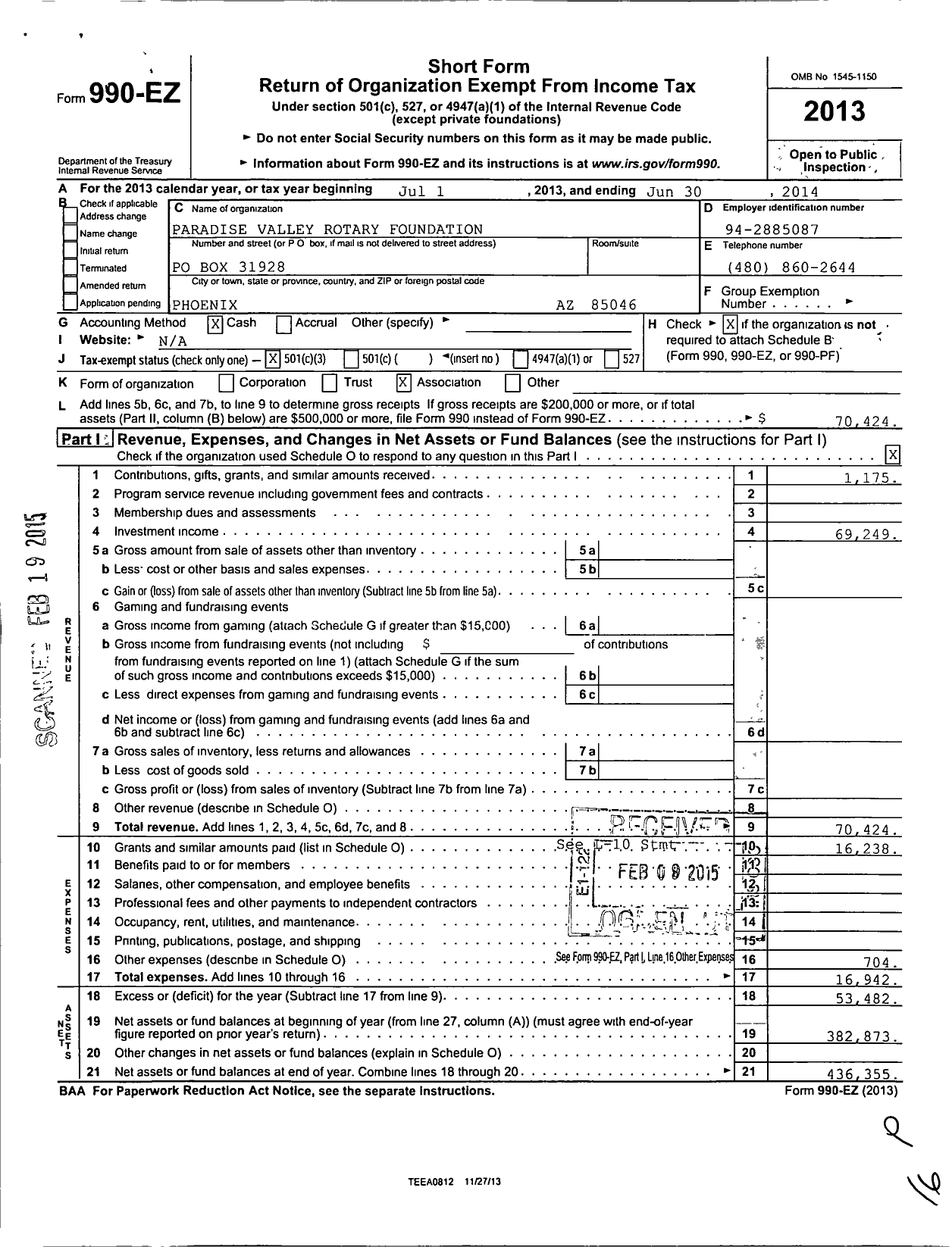 Image of first page of 2013 Form 990EZ for Paradise Valley Rotary Foundation