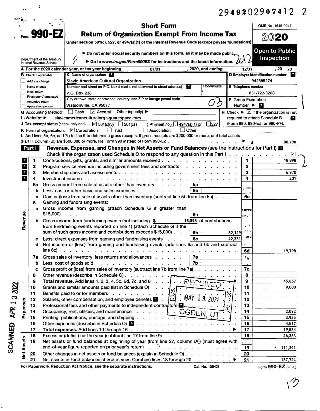Image of first page of 2020 Form 990EZ for Slavic American Cultural Organization
