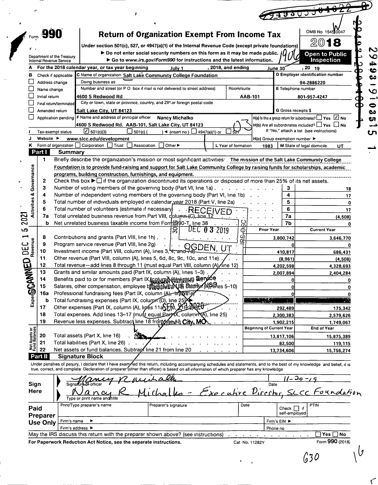 Image of first page of 2018 Form 990 for Salt Lake Community College Foundation