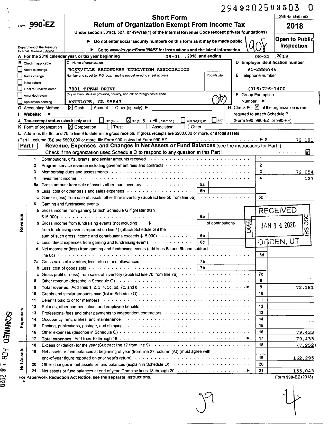 Image of first page of 2018 Form 990EO for California Teachers Association - Roseville Sec Educ Assn