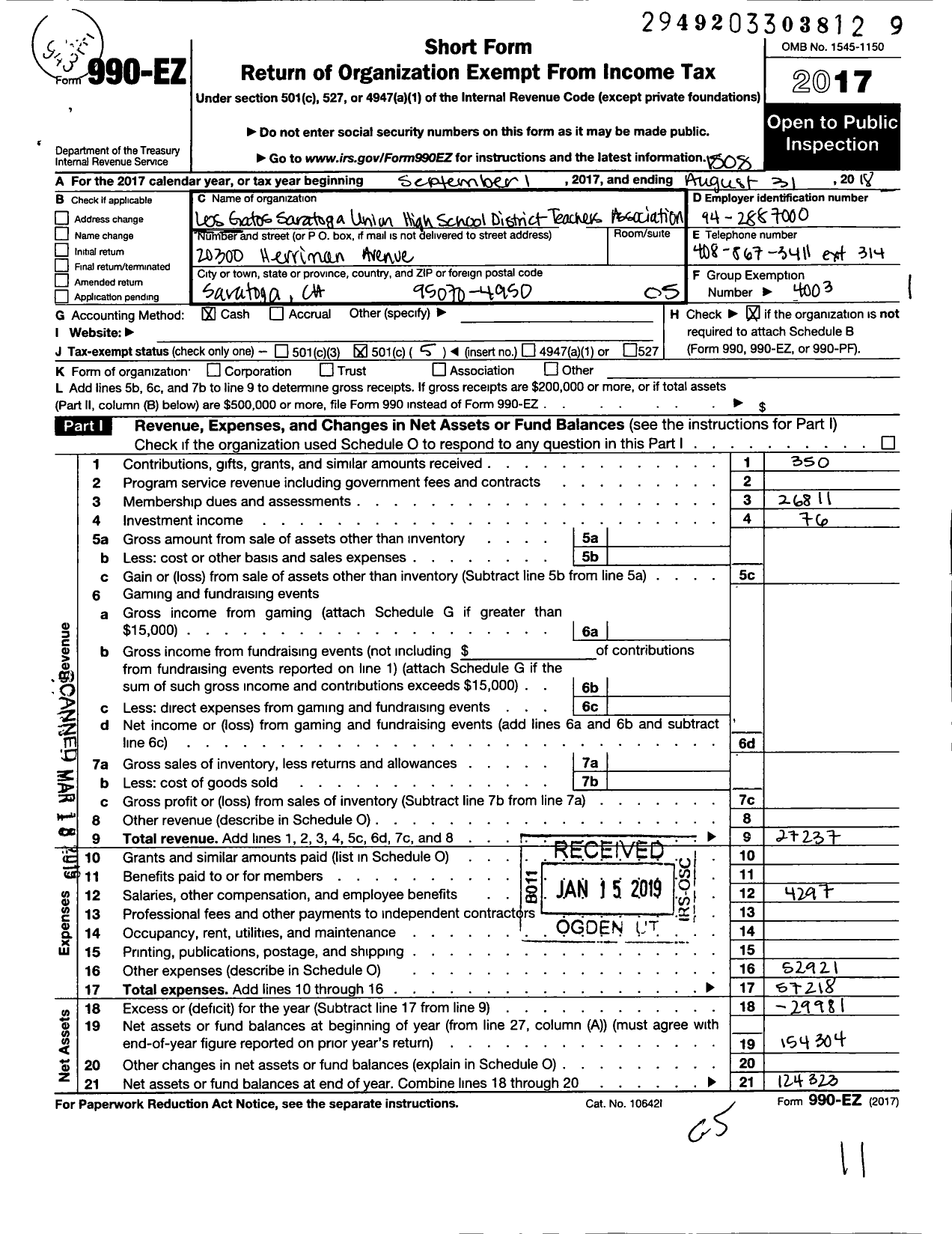 Image of first page of 2017 Form 990EO for California Teachers Association - Los Gatos-Saratoga JT Uhsd Ta