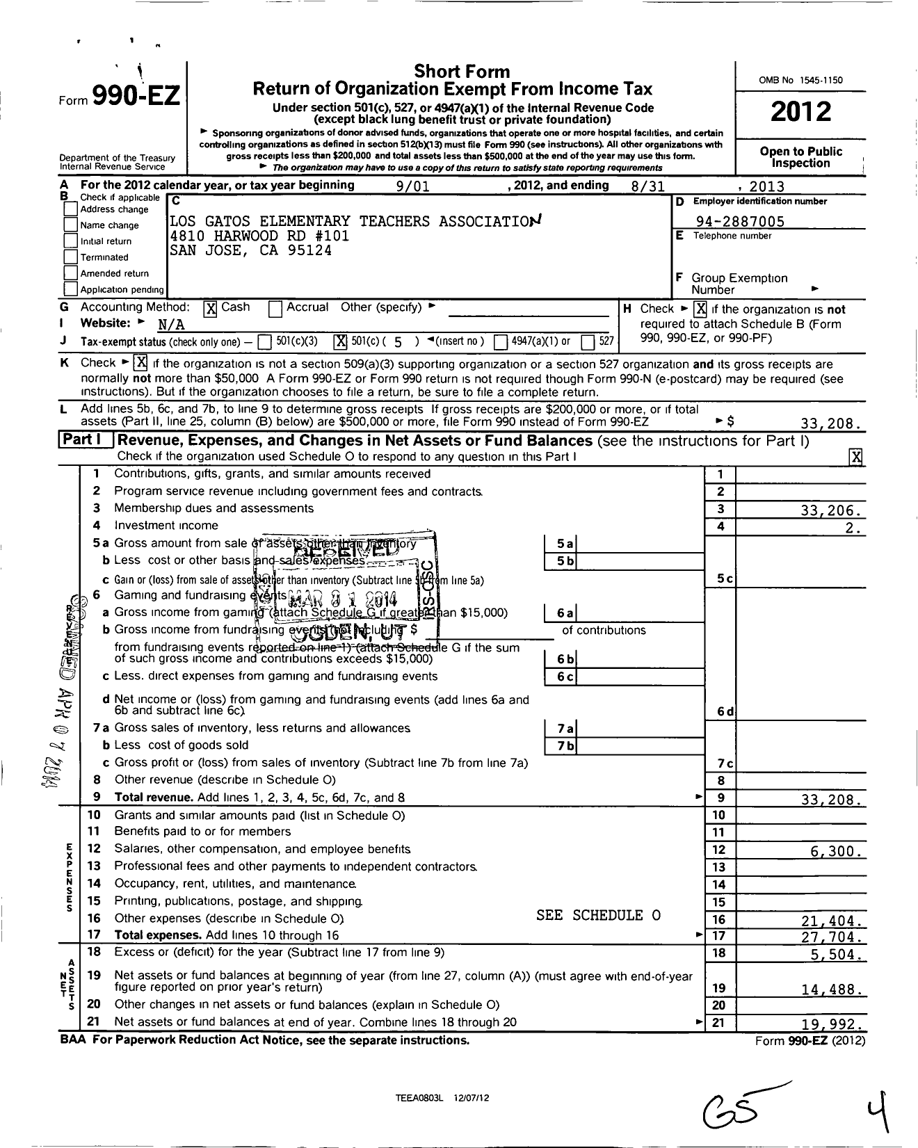 Image of first page of 2012 Form 990EO for California Teachers Association / Los Gatos Elementary Teachers Assoc