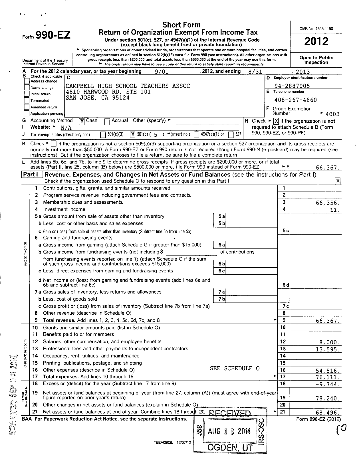 Image of first page of 2012 Form 990EO for California Teachers Association / Los Gatos Elementary Teachers Assoc