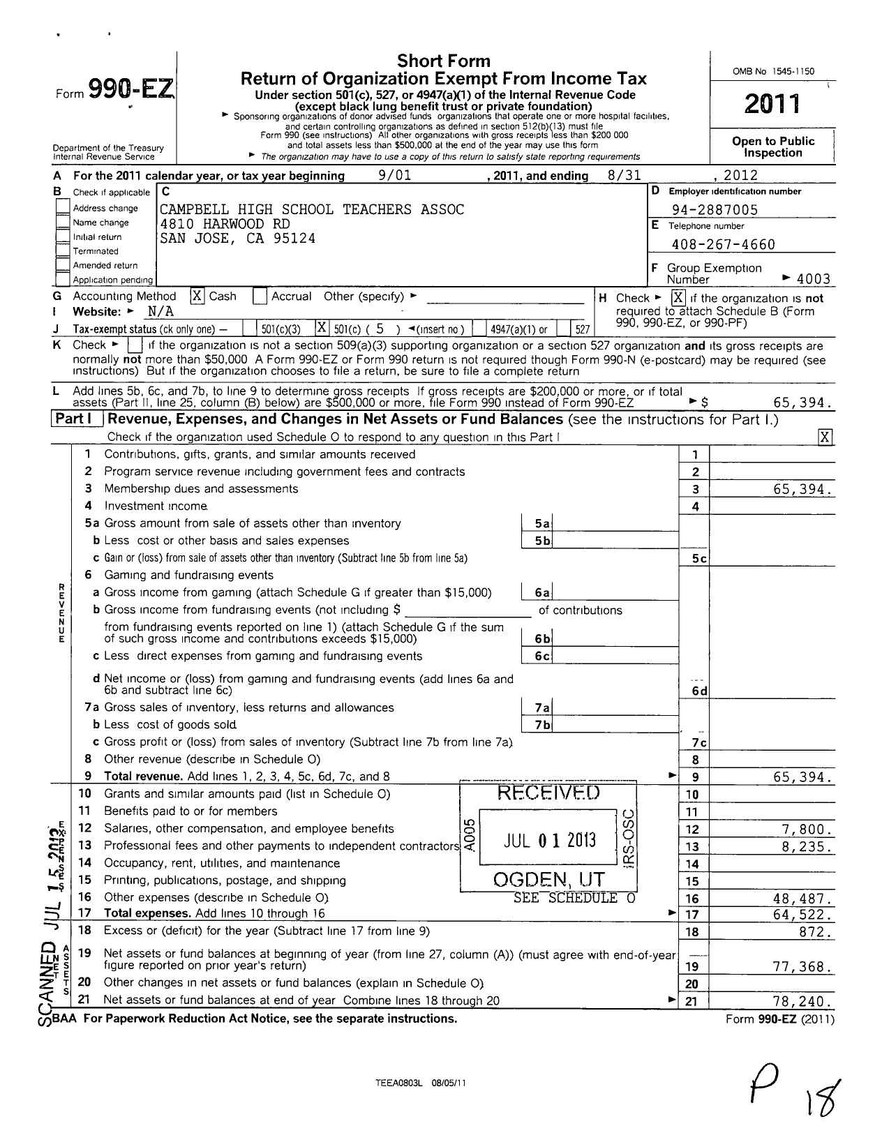 Image of first page of 2011 Form 990EO for California Teachers Association / Los Gatos Elementary Teachers Assoc