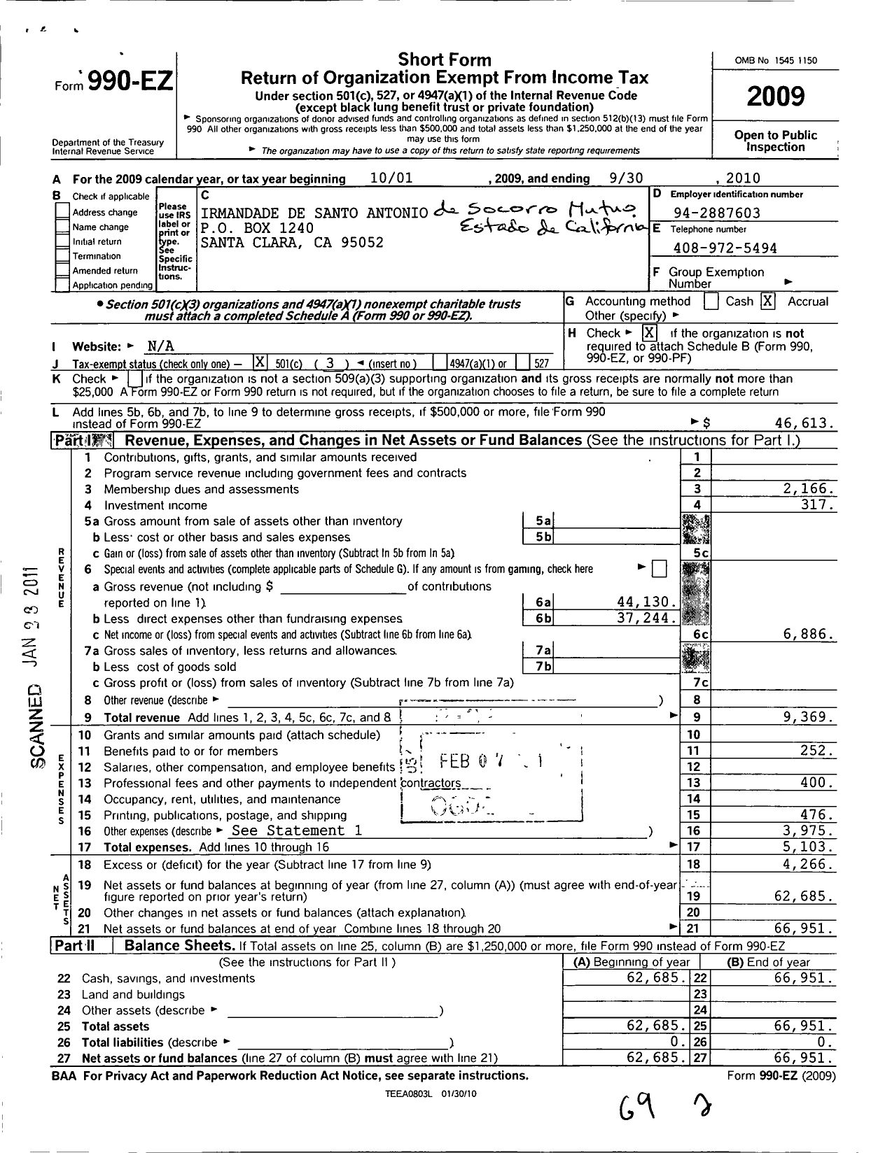 Image of first page of 2009 Form 990EZ for Irmandade de Santo Antonio de Socorro Mutuo Estado de California - Council 1