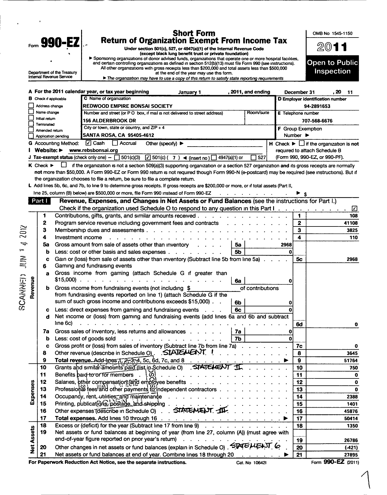 Image of first page of 2011 Form 990EO for Redwood Empire Bonsai Society