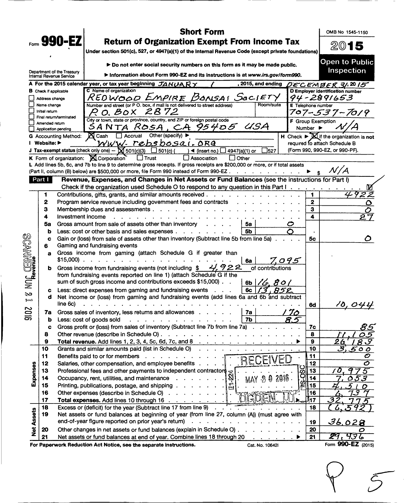 Image of first page of 2015 Form 990EZ for Redwood Empire Bonsai Society