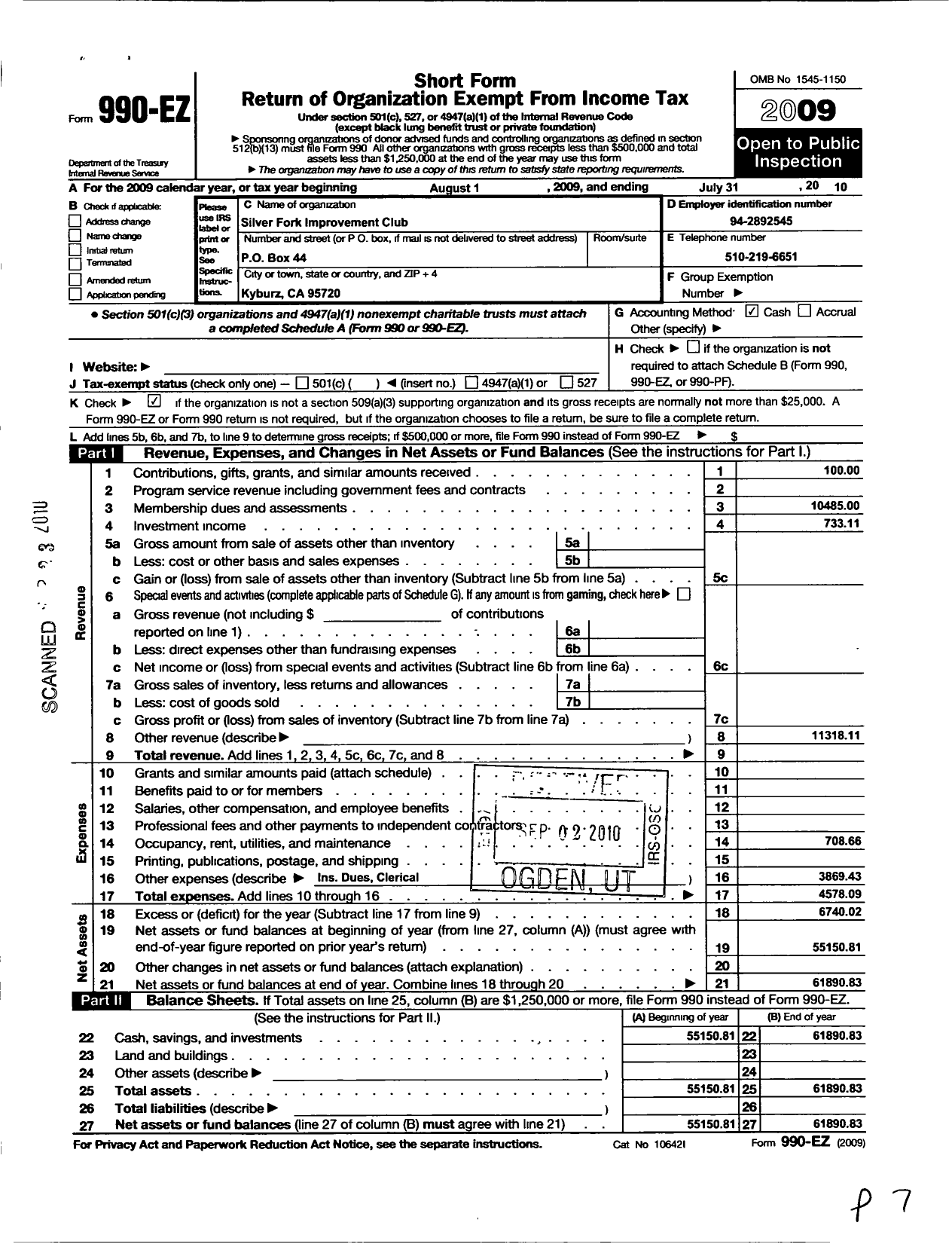 Image of first page of 2009 Form 990EO for Silver Fork Improvement Club