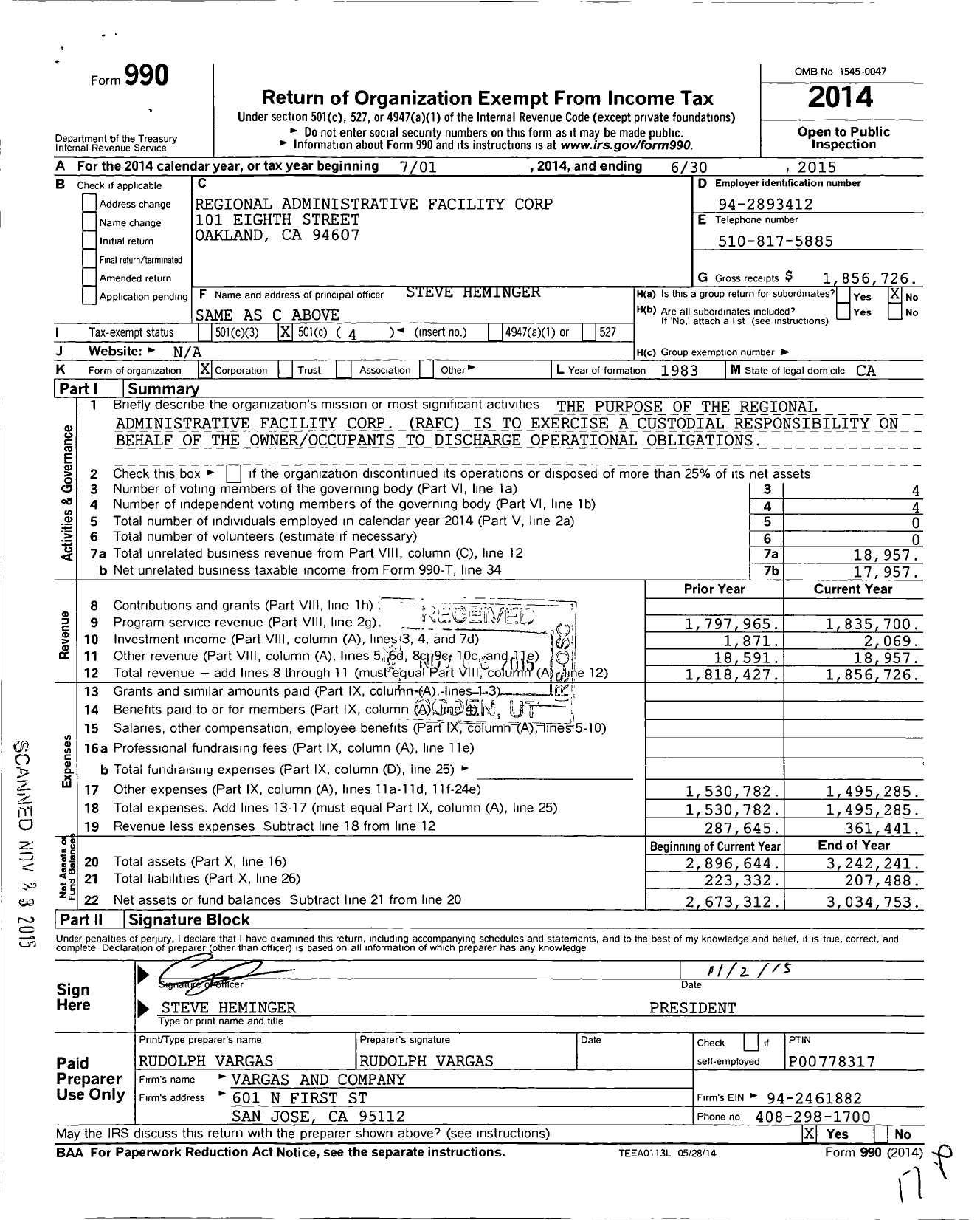 Image of first page of 2014 Form 990O for Regional Administrative Facility Corporation