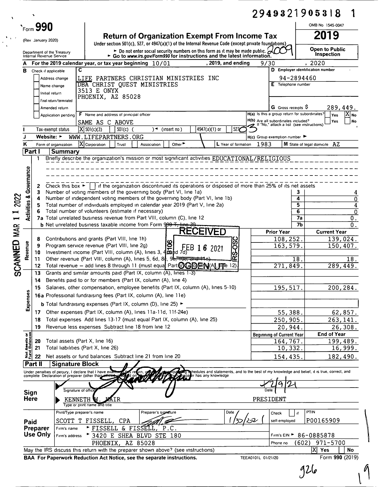 Image of first page of 2019 Form 990 for Christ Quest Ministries