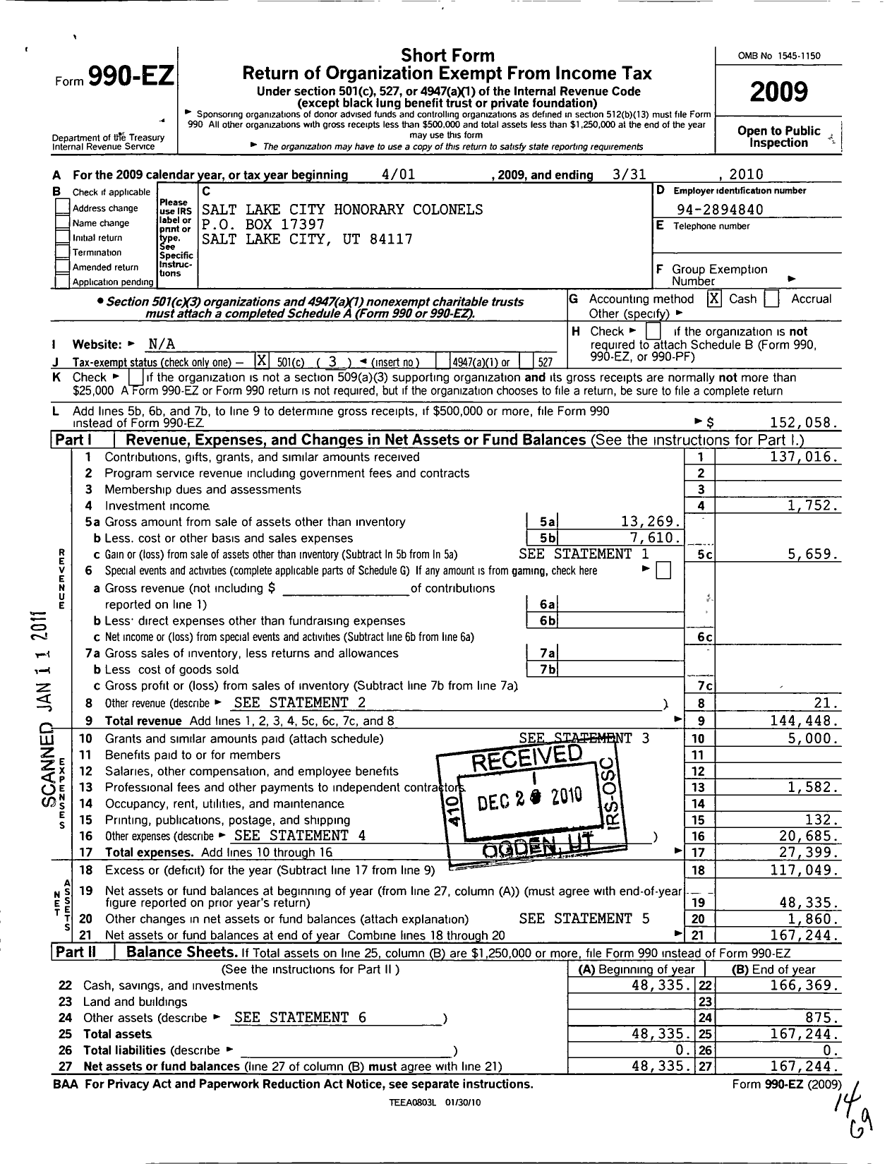 Image of first page of 2009 Form 990EZ for Salt Lake Honorary Colonels