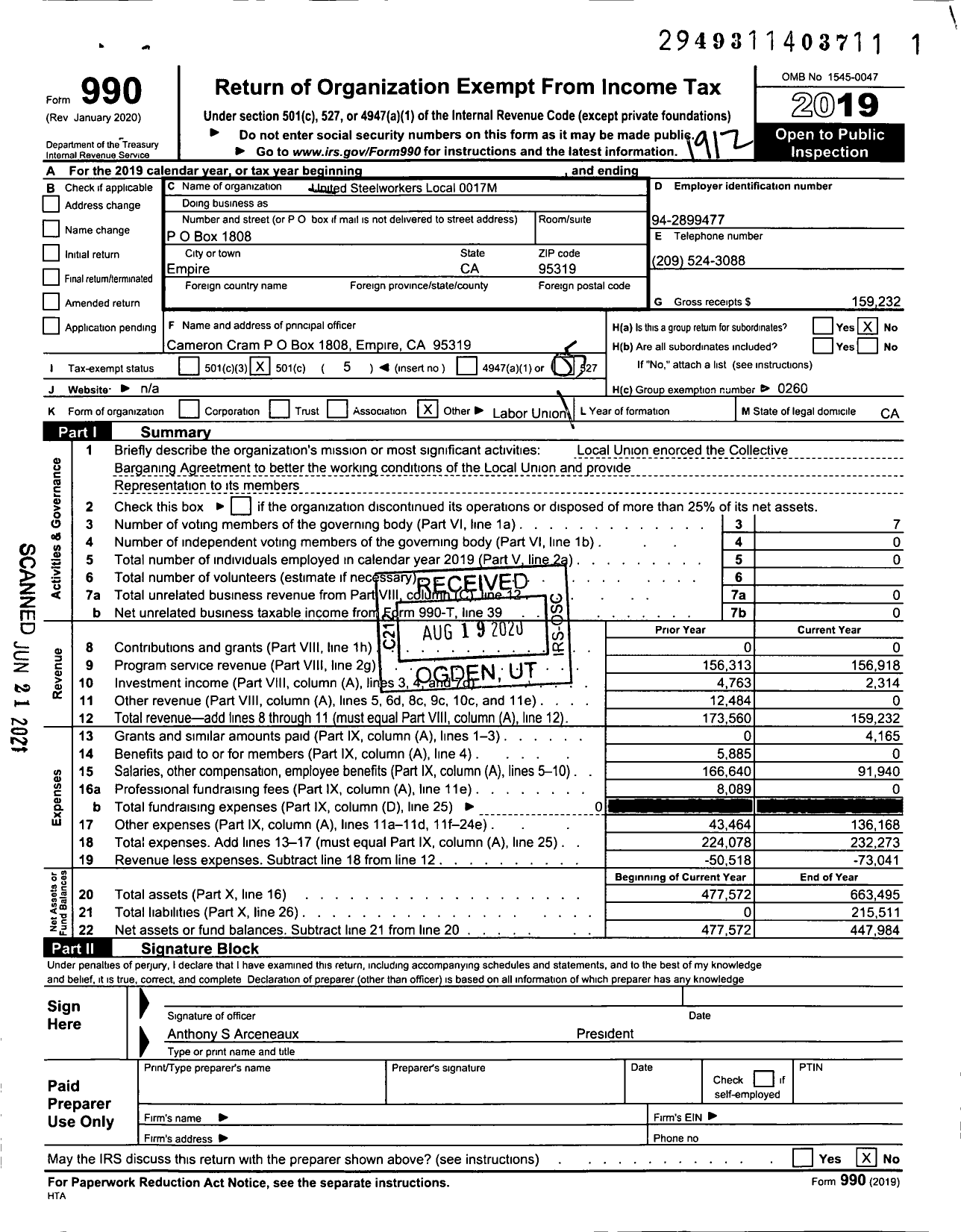 Image of first page of 2019 Form 990O for United Steelworkers - 00017m Local