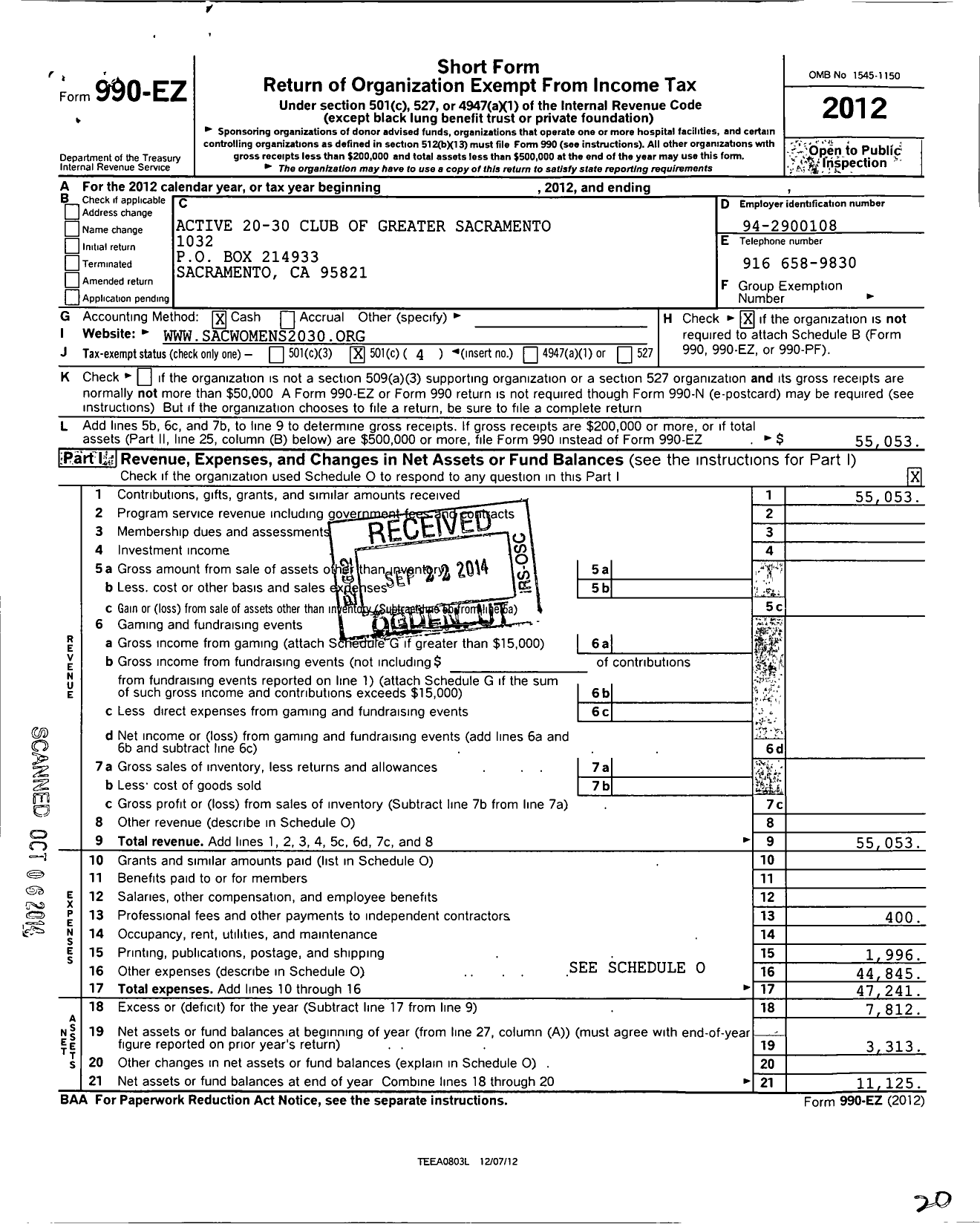 Image of first page of 2012 Form 990EO for Active 20-30 United States and Canada - 1032 Greater Sacramento