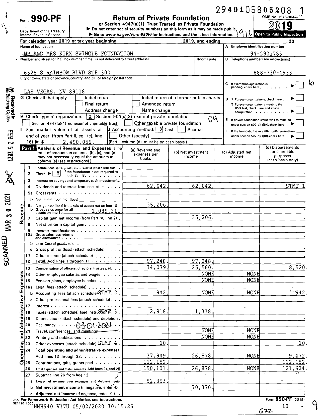 Image of first page of 2019 Form 990PF for Mr and MRS Kirk Swingle Foundation