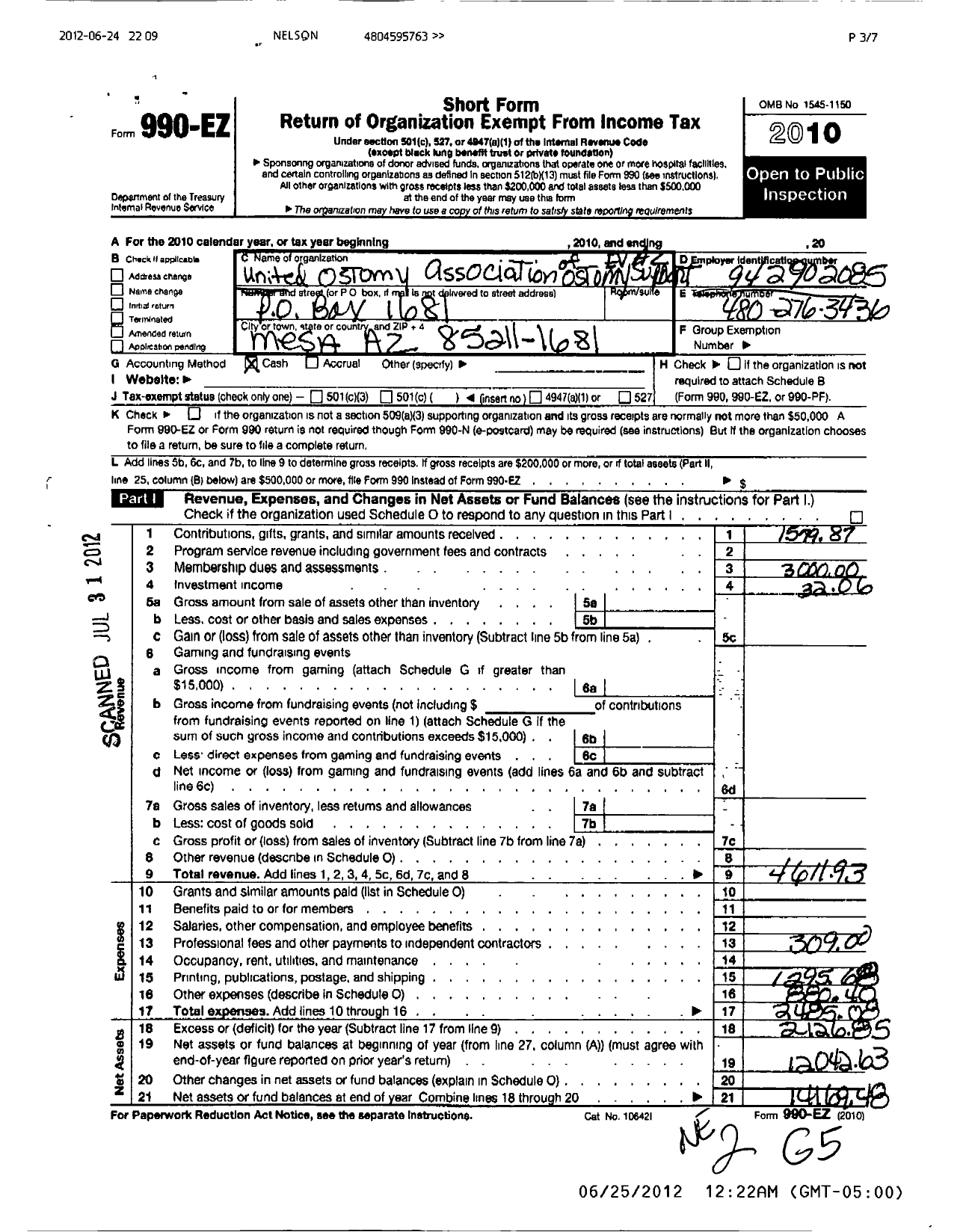 Image of first page of 2010 Form 990EO for United Ostomy Association of America / Ostomy Support Group Ev Az