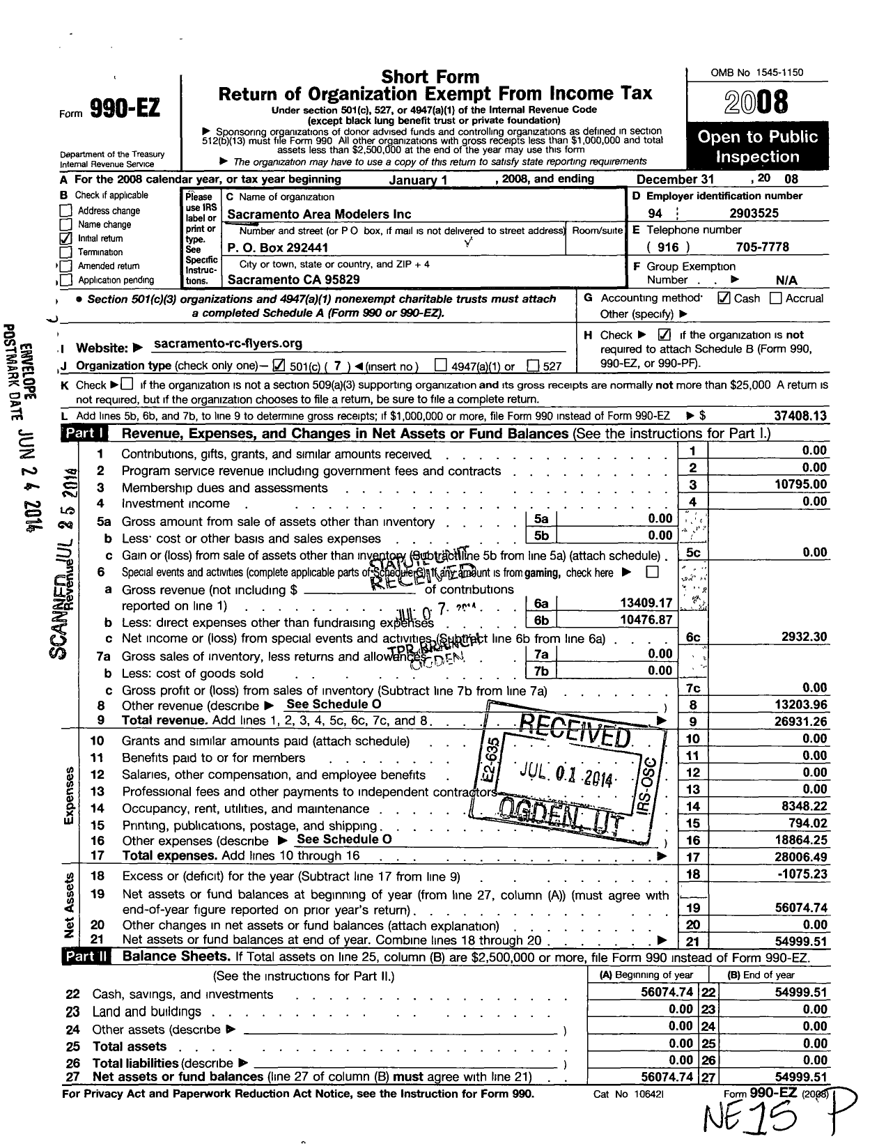 Image of first page of 2008 Form 990EO for Sacramento Area Modelers