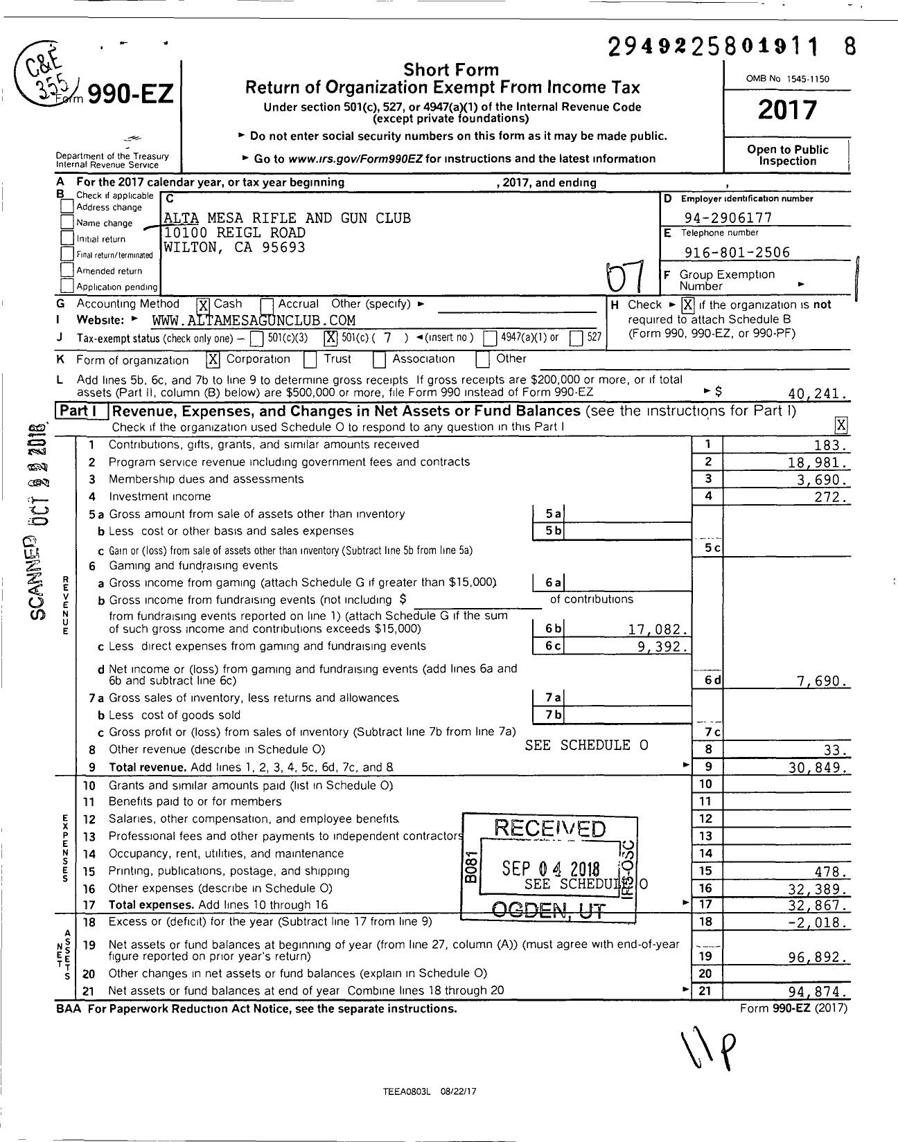 Image of first page of 2017 Form 990EO for Alta Mesa Rifle and Gun Club