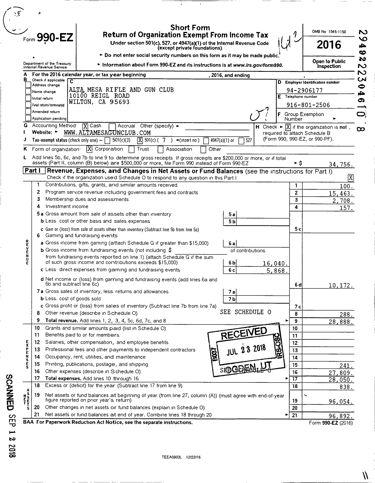 Image of first page of 2016 Form 990EO for Alta Mesa Rifle and Gun Club