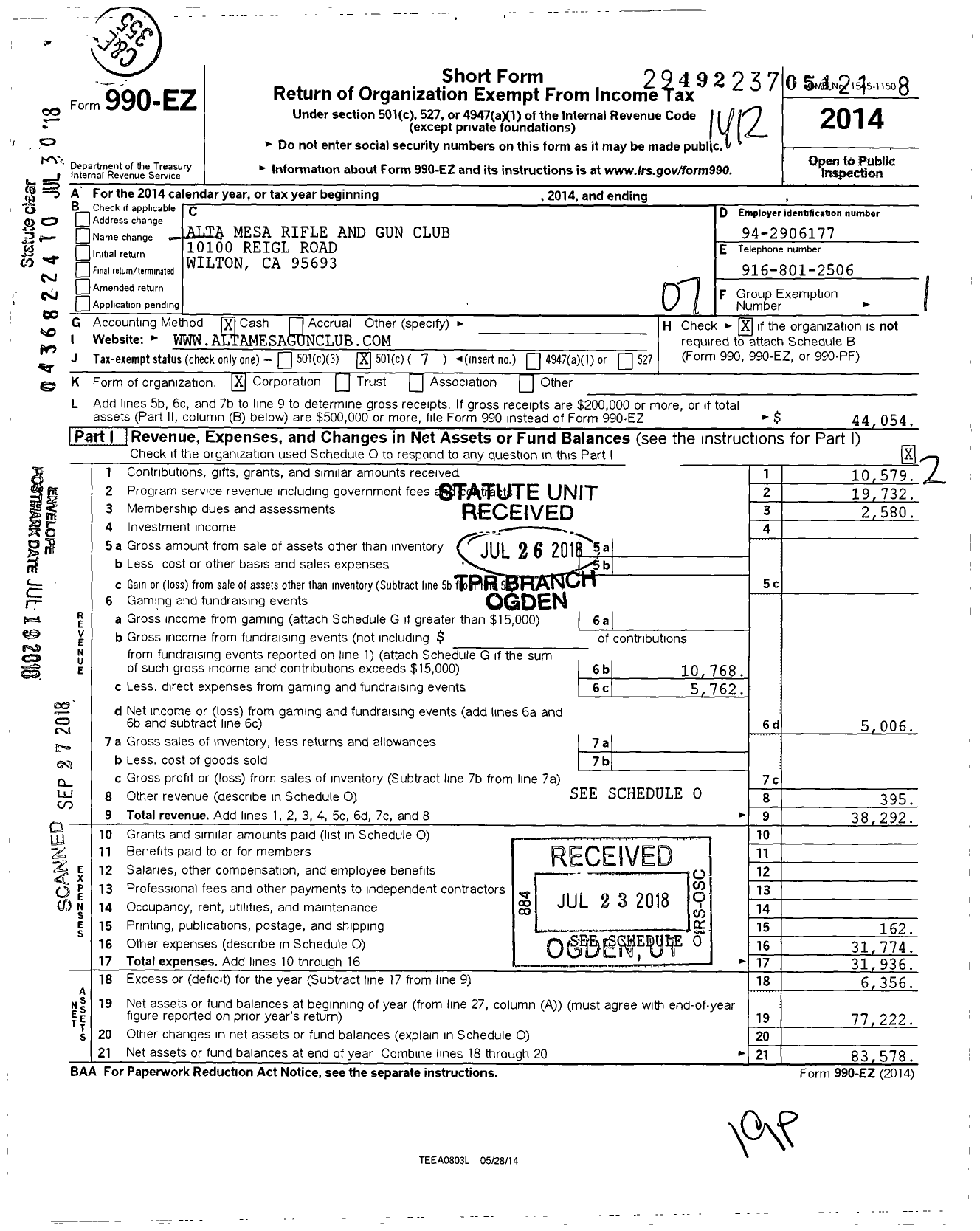 Image of first page of 2014 Form 990EO for Alta Mesa Rifle and Gun Club