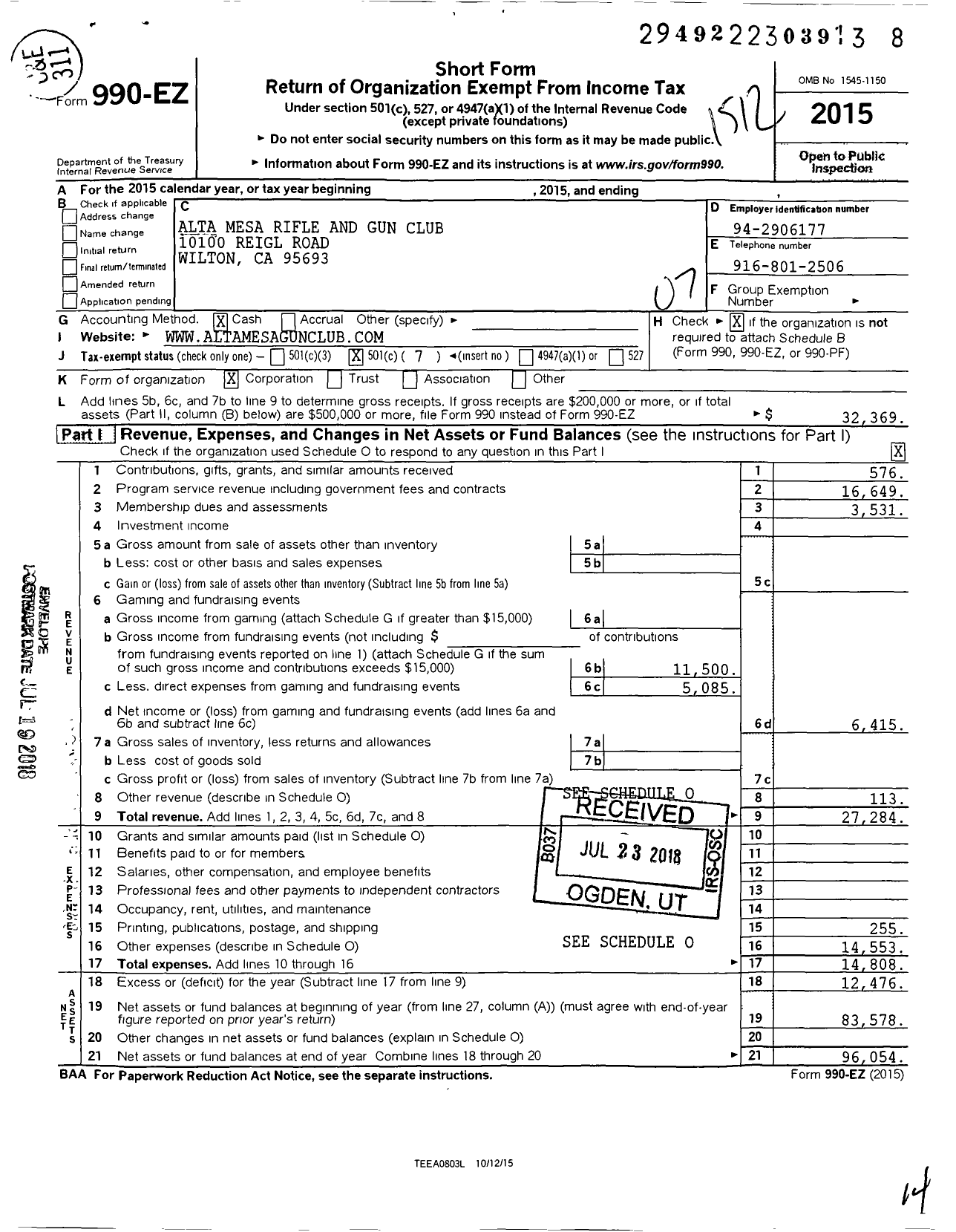 Image of first page of 2015 Form 990EO for Alta Mesa Rifle and Gun Club