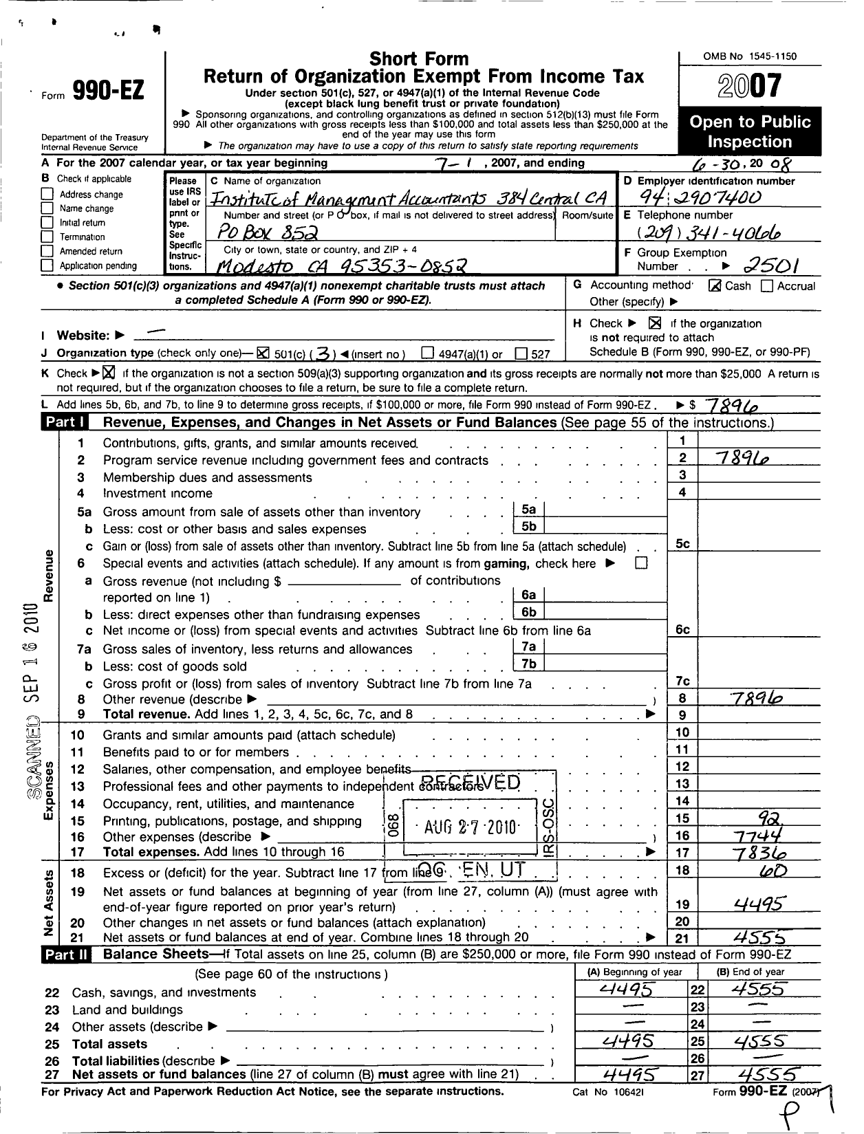 Image of first page of 2007 Form 990EZ for Institute of Management Accountants - 384 Central California